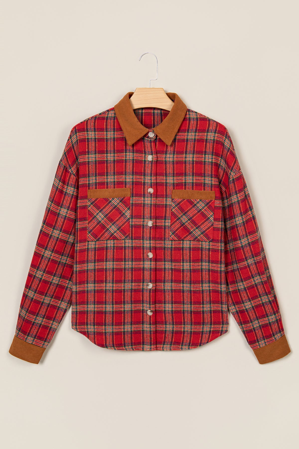 Red Casual Plaid Color Block Collared Button Shacket-Outerwear/Plaid Shackets-[Adult]-[Female]-2022 Online Blue Zone Planet