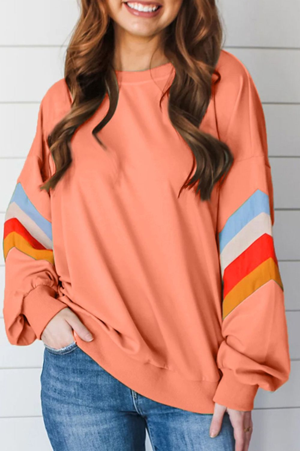 Contrast Round Neck Long Sleeve Sweatshirt-TOPS / DRESSES-[Adult]-[Female]-2022 Online Blue Zone Planet