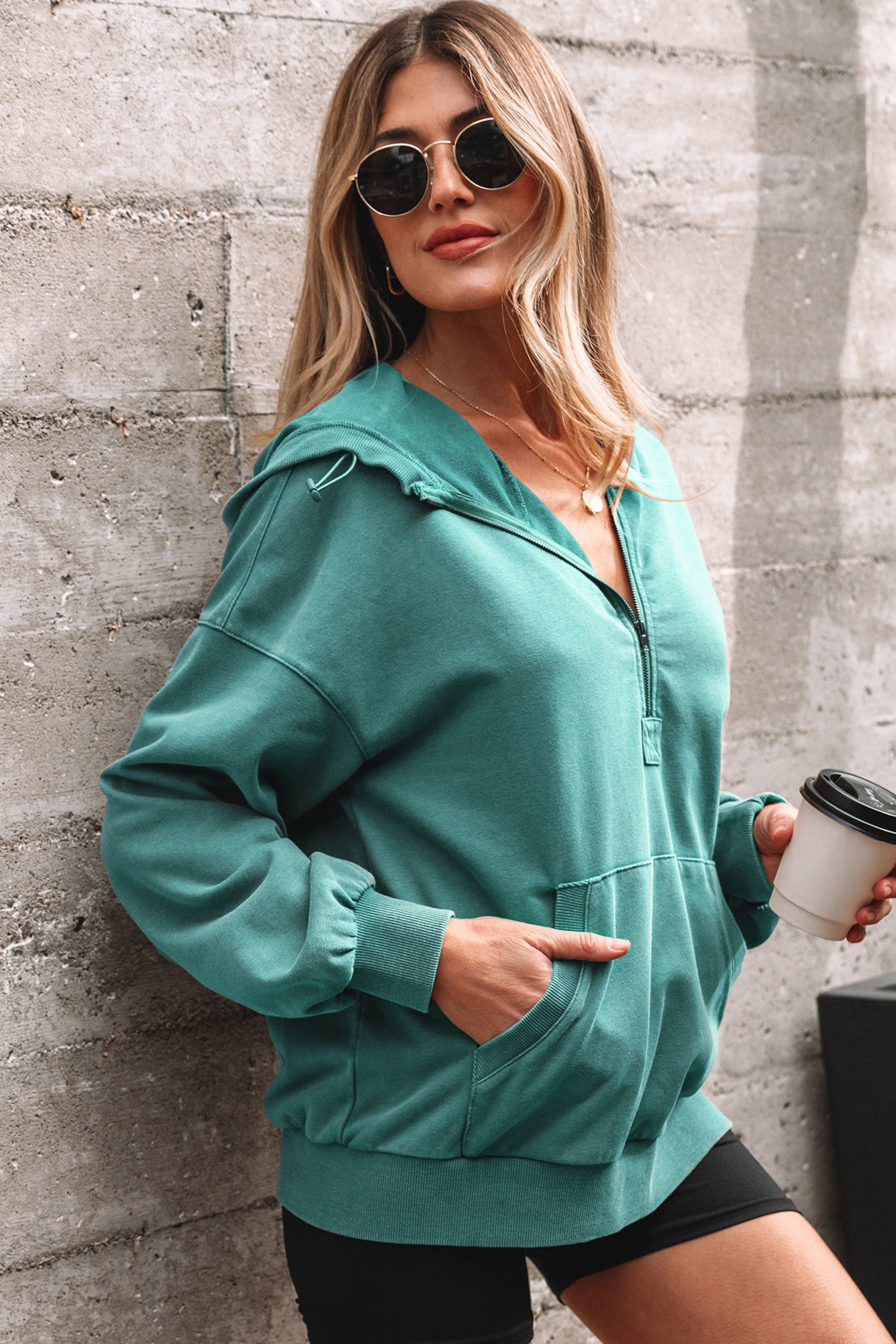 Canton Half Zip Kangaroo Pocket Mineral Wash Baggy Hoodie-Tops / Dresses-[Adult]-[Female]-2022 Online Blue Zone Planet