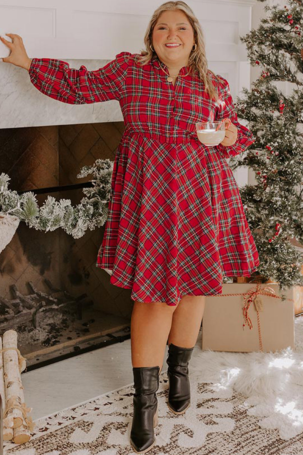 Red Plus Size Plaid Half Button Long Sleeve Holiday Dress-TOPS / DRESSES-[Adult]-[Female]-2022 Online Blue Zone Planet