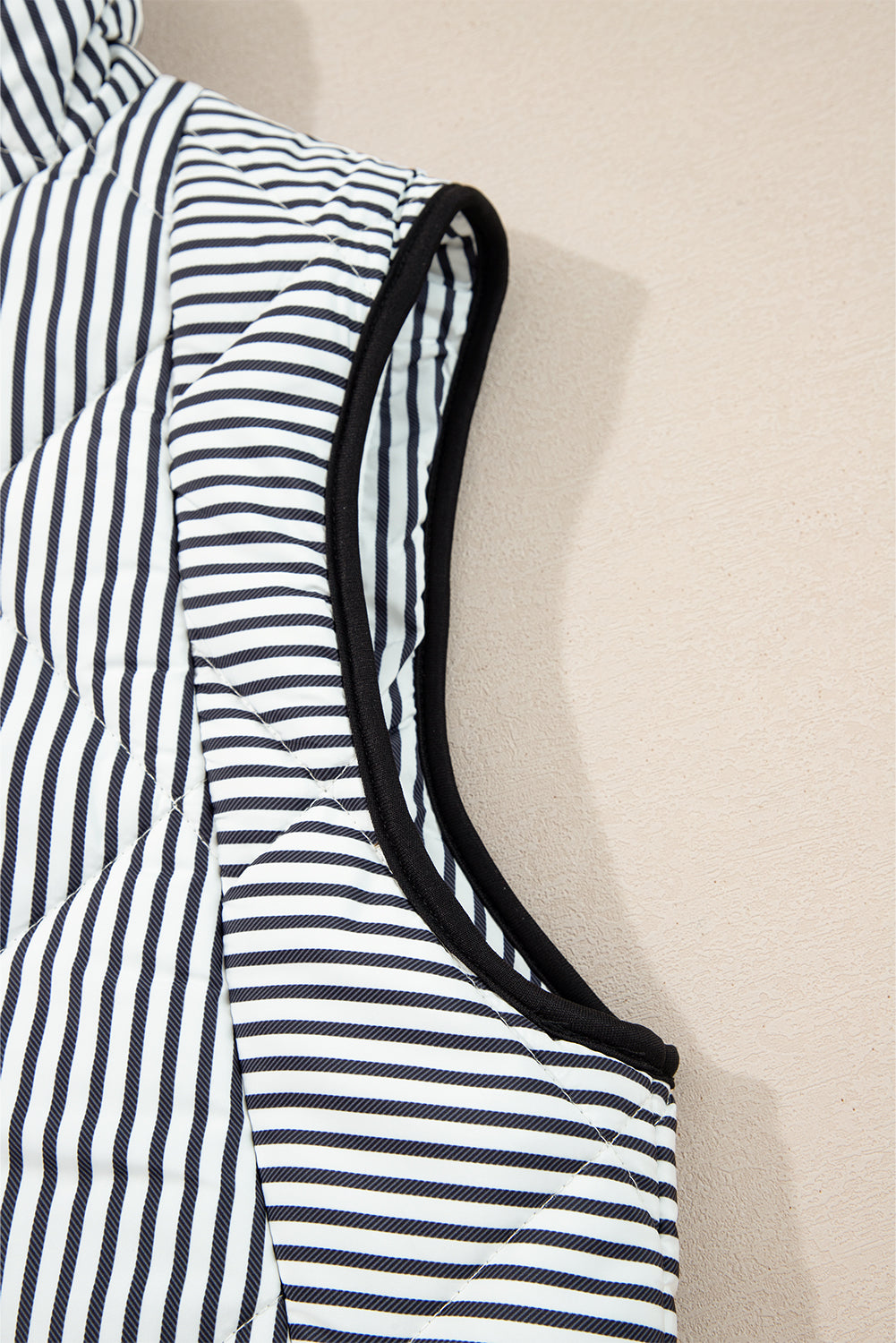 Black Stripe Contrast Trim Snap Button Collared Winter Vest-Outerwear/Vests-[Adult]-[Female]-2022 Online Blue Zone Planet