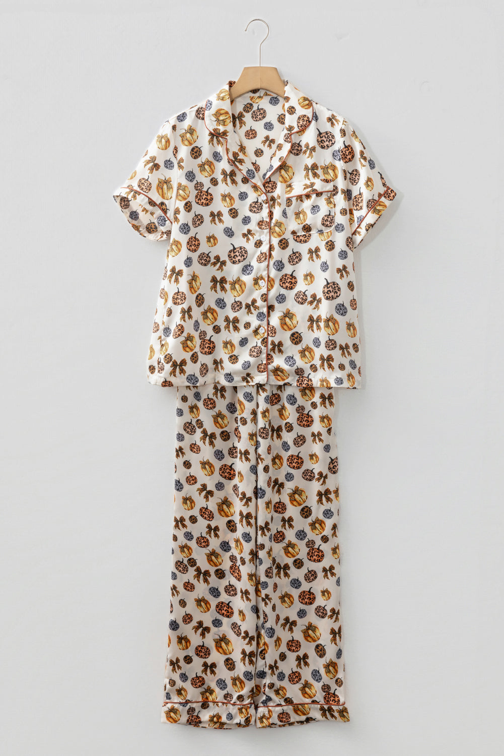 Beige Leopard Pumpkin Allover Halloween 2pcs Pajama Set-Loungewear & Sleepwear/Sleepwear-[Adult]-[Female]-2022 Online Blue Zone Planet