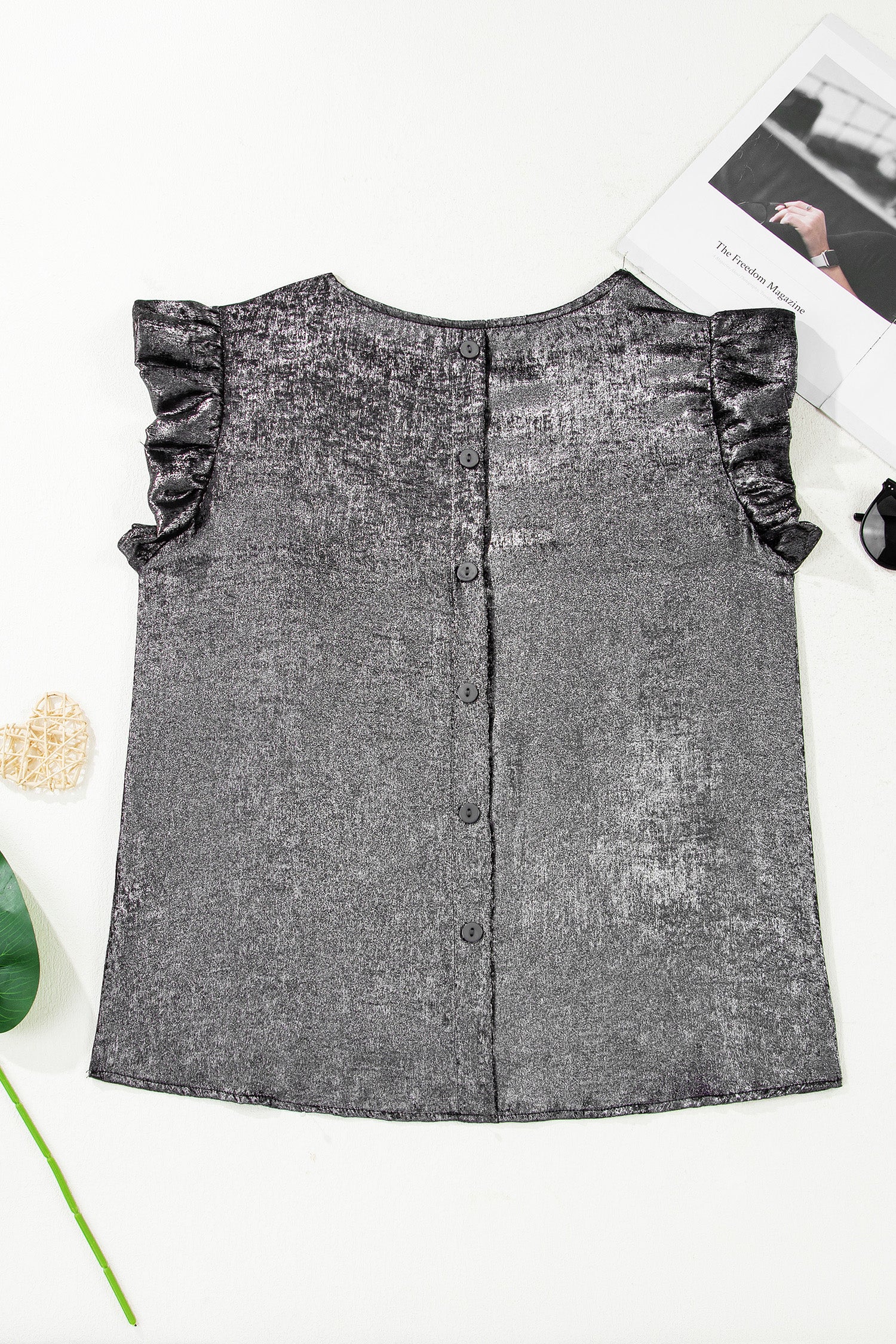 Silvery Metallic Round Neck Ruffle Trim Sleeveless Top-Tops/Tank Tops-[Adult]-[Female]-2022 Online Blue Zone Planet