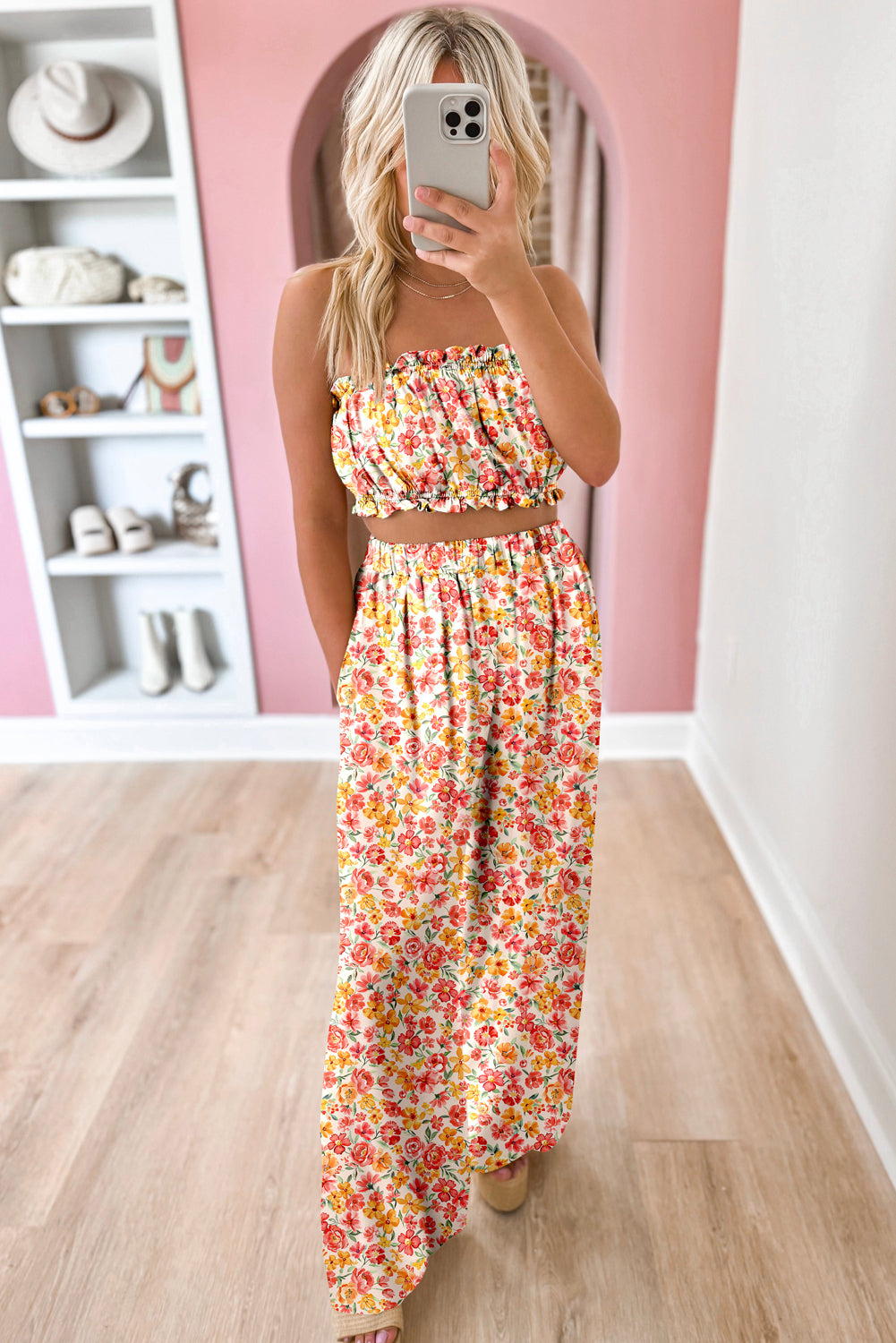 Pink Boho Floral Bandeau Top and High Waist Wide Leg Pants Set-Two Piece Sets/Pant Sets-[Adult]-[Female]-2022 Online Blue Zone Planet