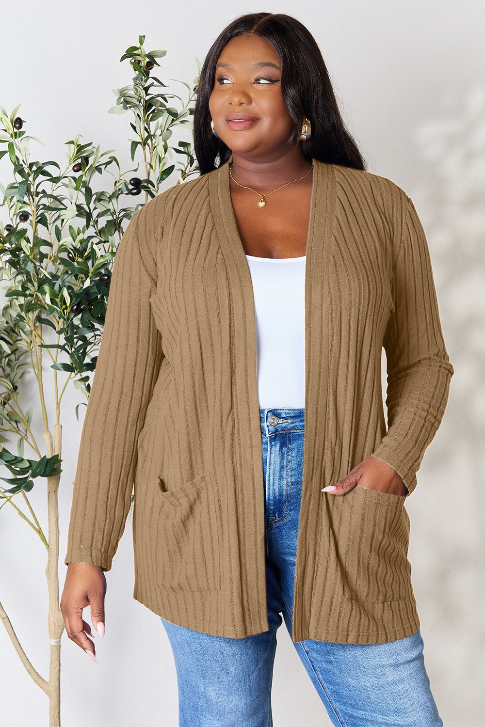 Basic Bae Full Size Ribbed Open Front Cardigan with Pockets BLUE ZONE PLANET