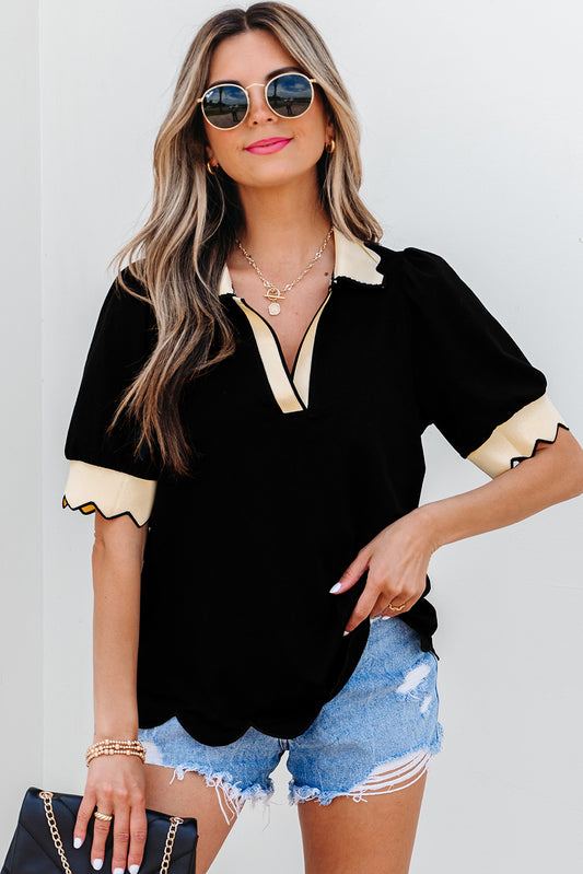 Black Color Contrast Collared V Neck Puff Sleeve Blouse-Tops/Blouses & Shirts-[Adult]-[Female]-Black-S-2022 Online Blue Zone Planet