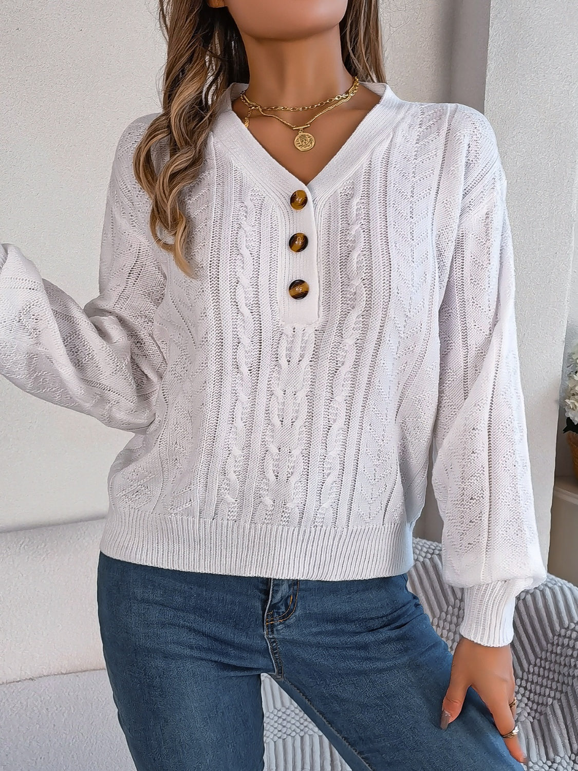 Cable-Knit V-Neck Long Sleeve Sweater-TOPS / DRESSES-[Adult]-[Female]-2022 Online Blue Zone Planet