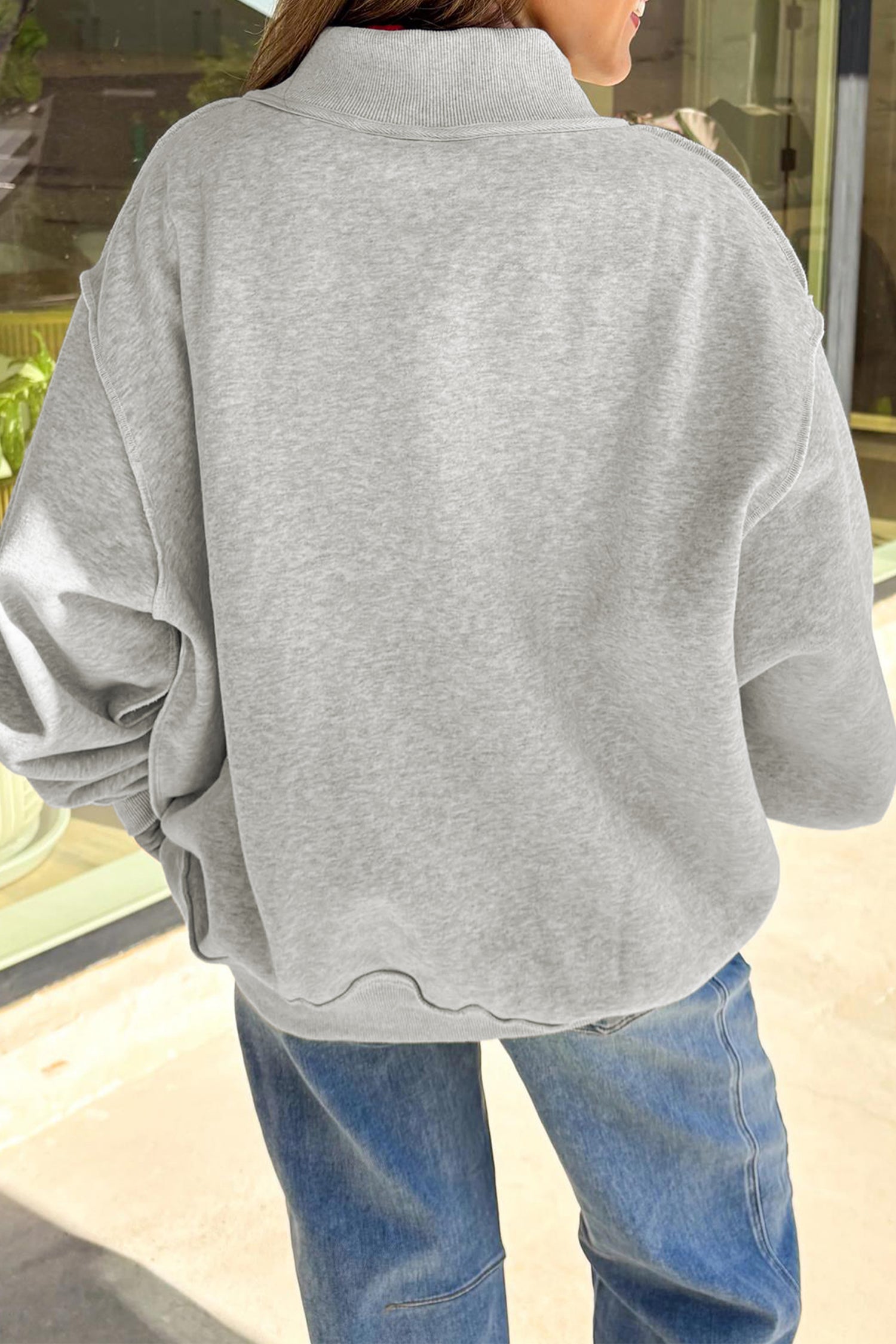 Light Grey WWJD Graphic Mock Neck Oversized Sweatshirt-Graphic/Graphic Sweatshirts-[Adult]-[Female]-2022 Online Blue Zone Planet