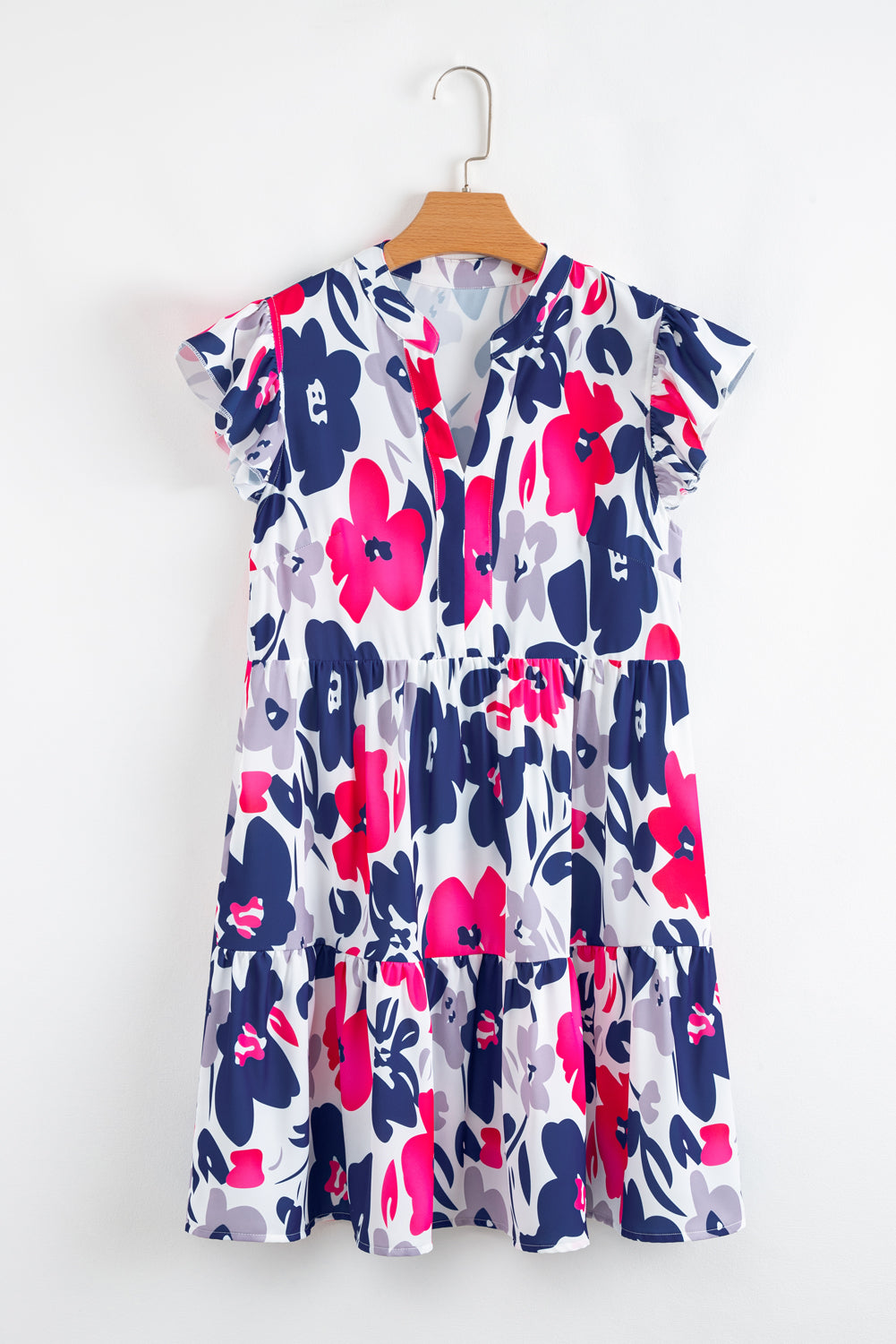 Fashion Floral Print Notched Neck Flutter Sleeve Mini Dress-TOPS / DRESSES-[Adult]-[Female]-2022 Online Blue Zone Planet