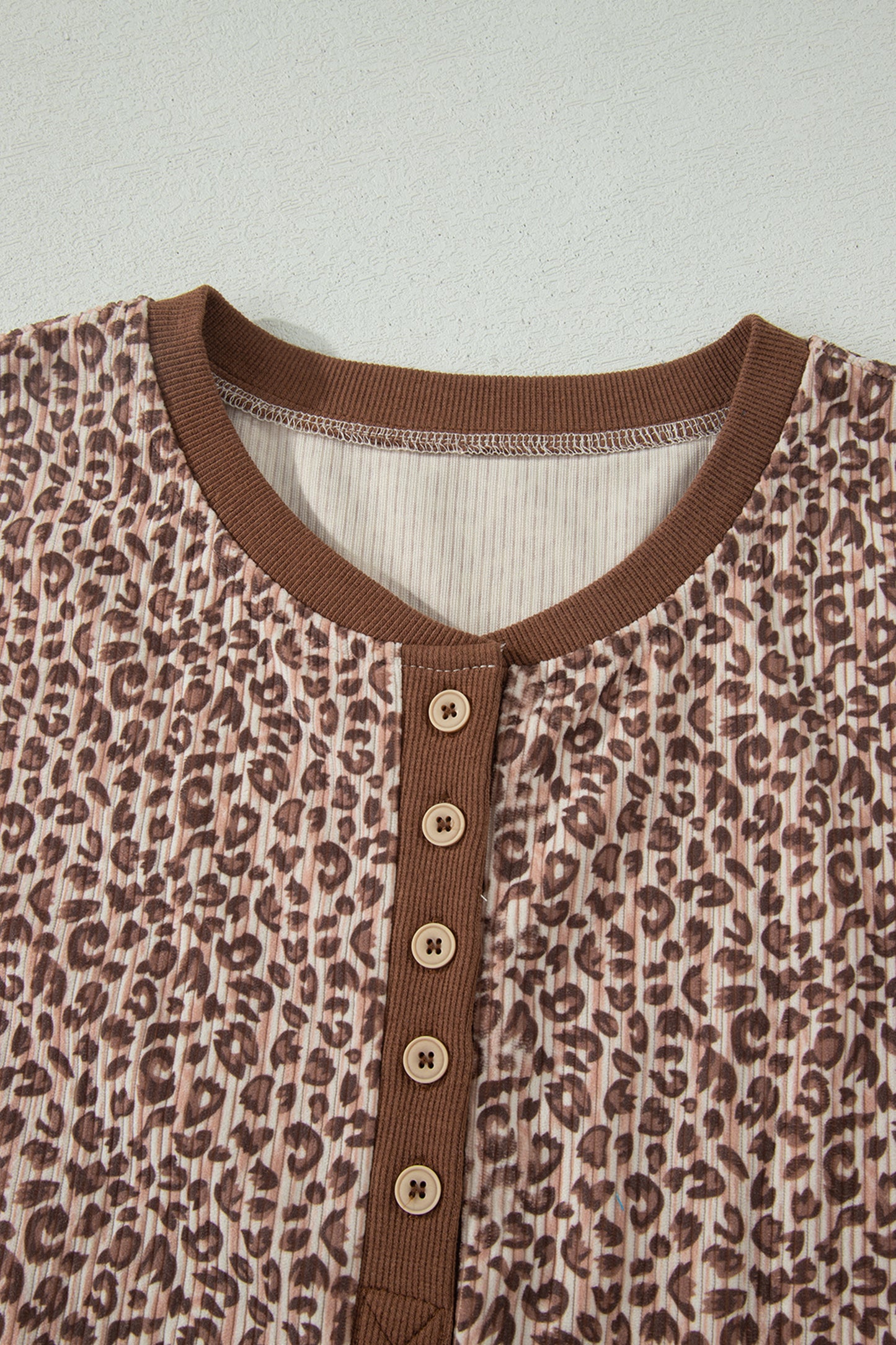 Brown Leopard Print Ribbed Patchwork Half Button Loose Tee Elastic Waist Short 2pcs Set-Two Piece Sets/Short Sets-[Adult]-[Female]-2022 Online Blue Zone Planet