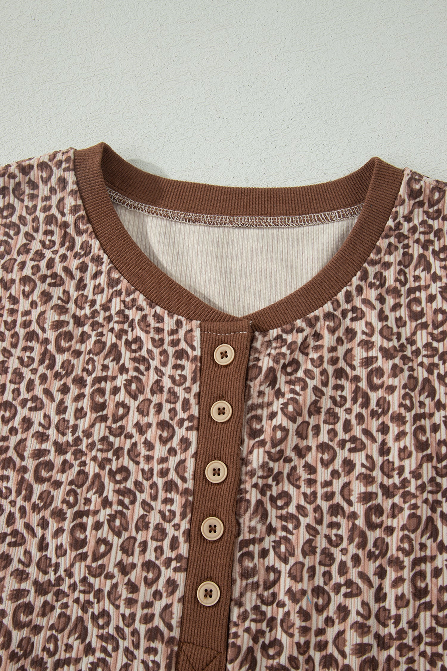 Brown Leopard Print Ribbed Patchwork Half Button Loose Tee Elastic Waist Short 2pcs Set-Two Piece Sets/Short Sets-[Adult]-[Female]-2022 Online Blue Zone Planet