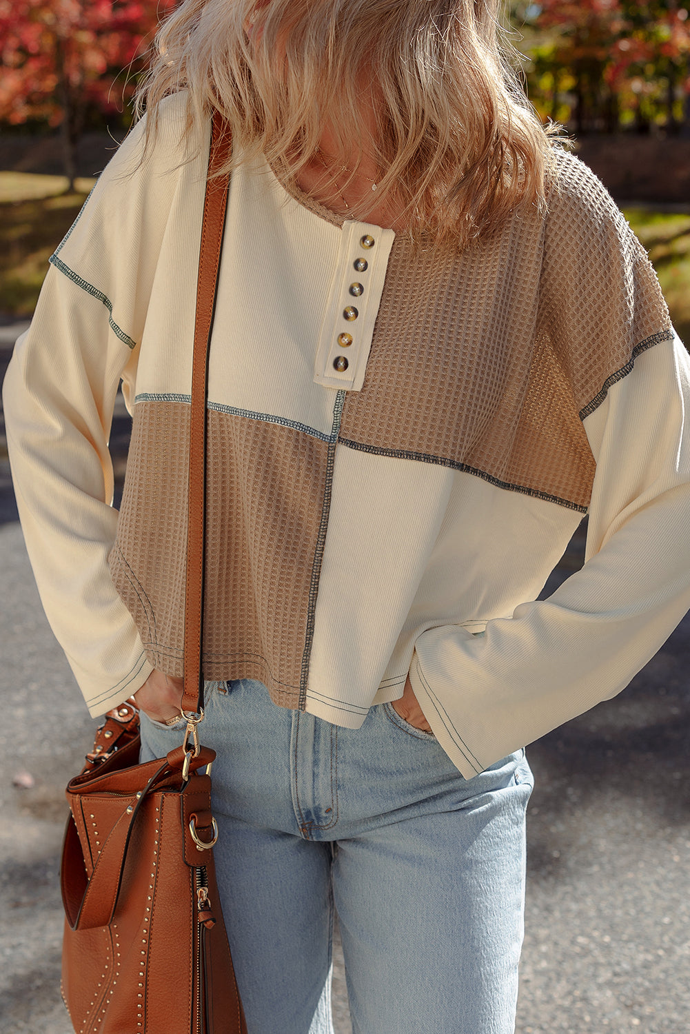 Beige Color Block Waffle Knit Stitch Detail Long Sleeve Top-Tops/Long Sleeve Tops-[Adult]-[Female]-2022 Online Blue Zone Planet