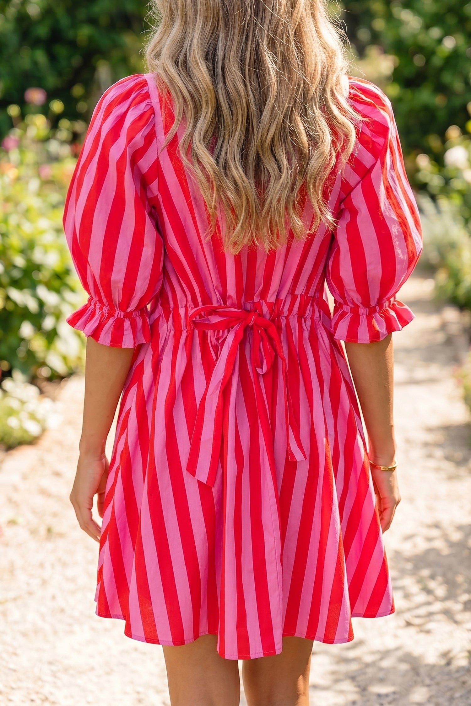 Red Stripe Half Button Puff Sleeve Loose Mini Dress-TOPS / DRESSES-[Adult]-[Female]-2022 Online Blue Zone Planet
