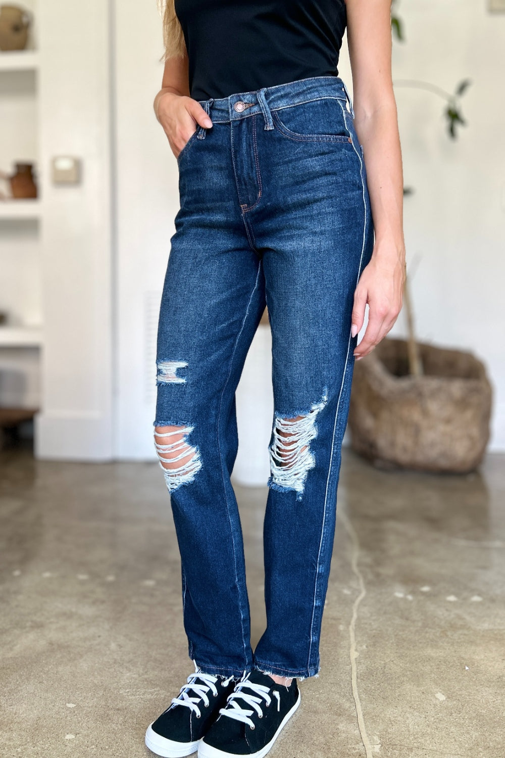 Blue Zone Planet | Judy Blue Full Size High Waist Rigid Magic Heavy Destroy Straight Jeans-TOPS / DRESSES-[Adult]-[Female]-2022 Online Blue Zone Planet