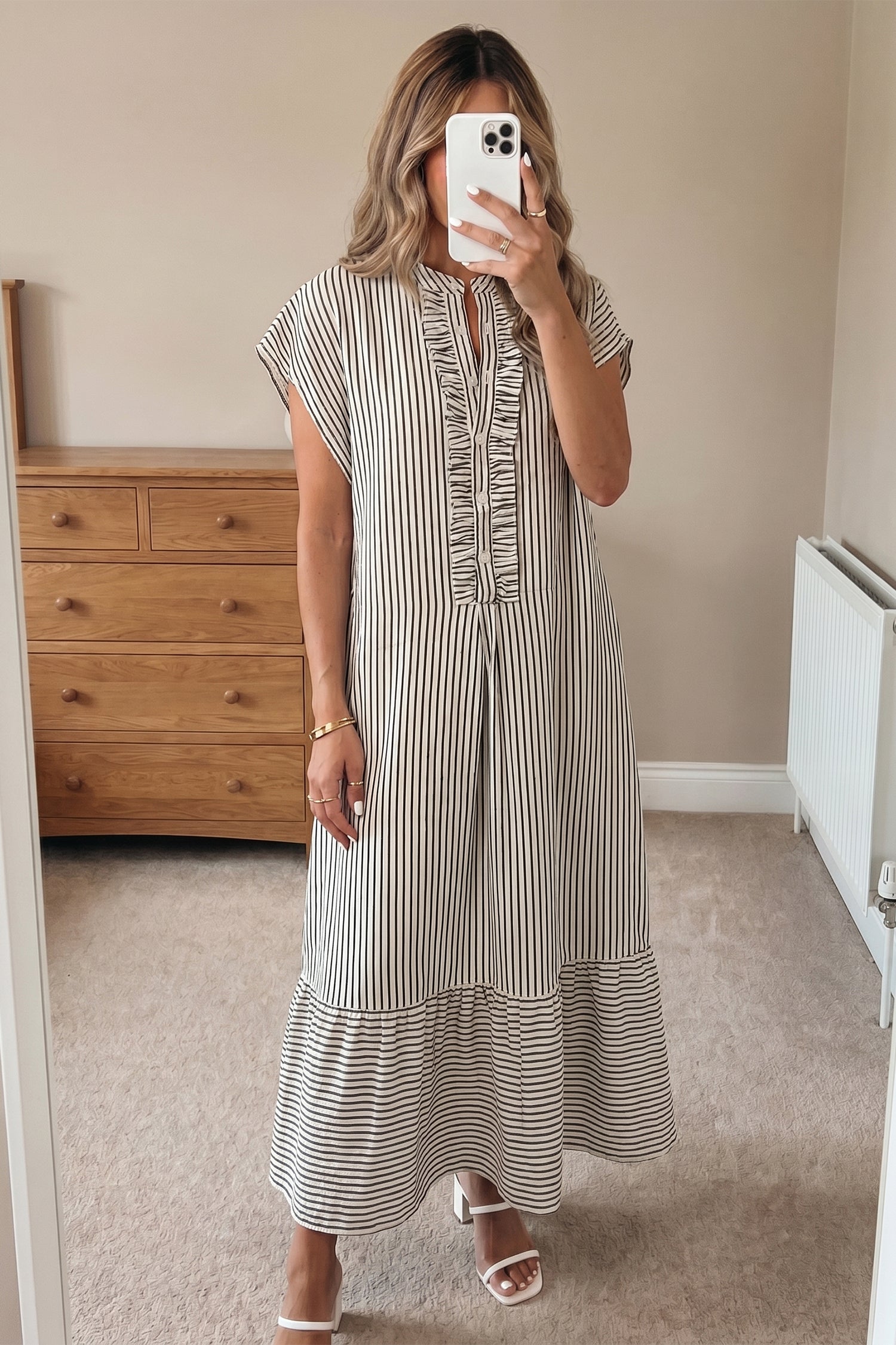 Red Stripe Frilled Detail Half Buttons Short Sleeve Long Dress-TOPS / DRESSES-[Adult]-[Female]-2022 Online Blue Zone Planet
