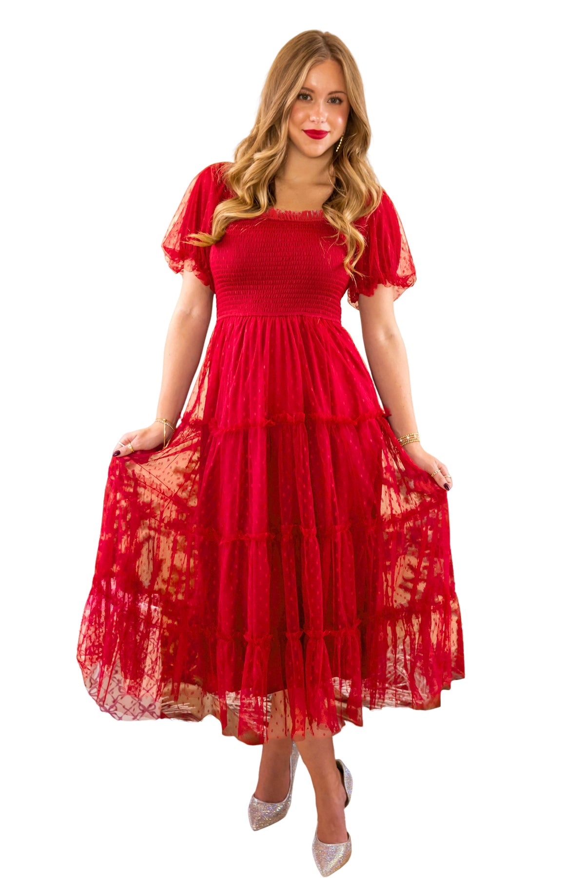 Fiery Red Tiered Tulle Smocked Bodice Puff Sleeve Dress-TOPS / DRESSES-[Adult]-[Female]-2022 Online Blue Zone Planet