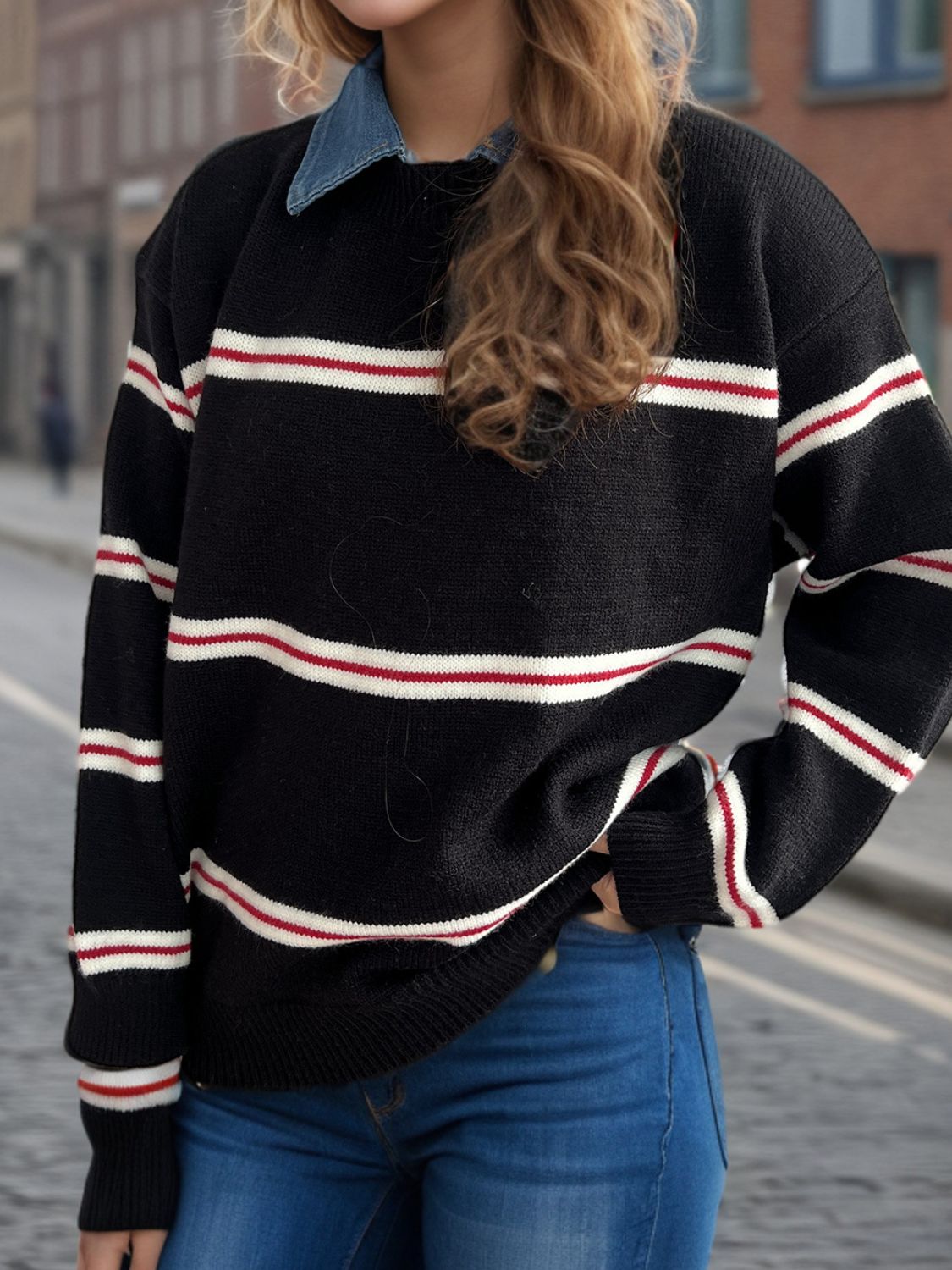 Blue Zone Planet | Contrast Stripes Round Neck Long Sleeve Sweater-TOPS / DRESSES-[Adult]-[Female]-Black-One Size-2022 Online Blue Zone Planet