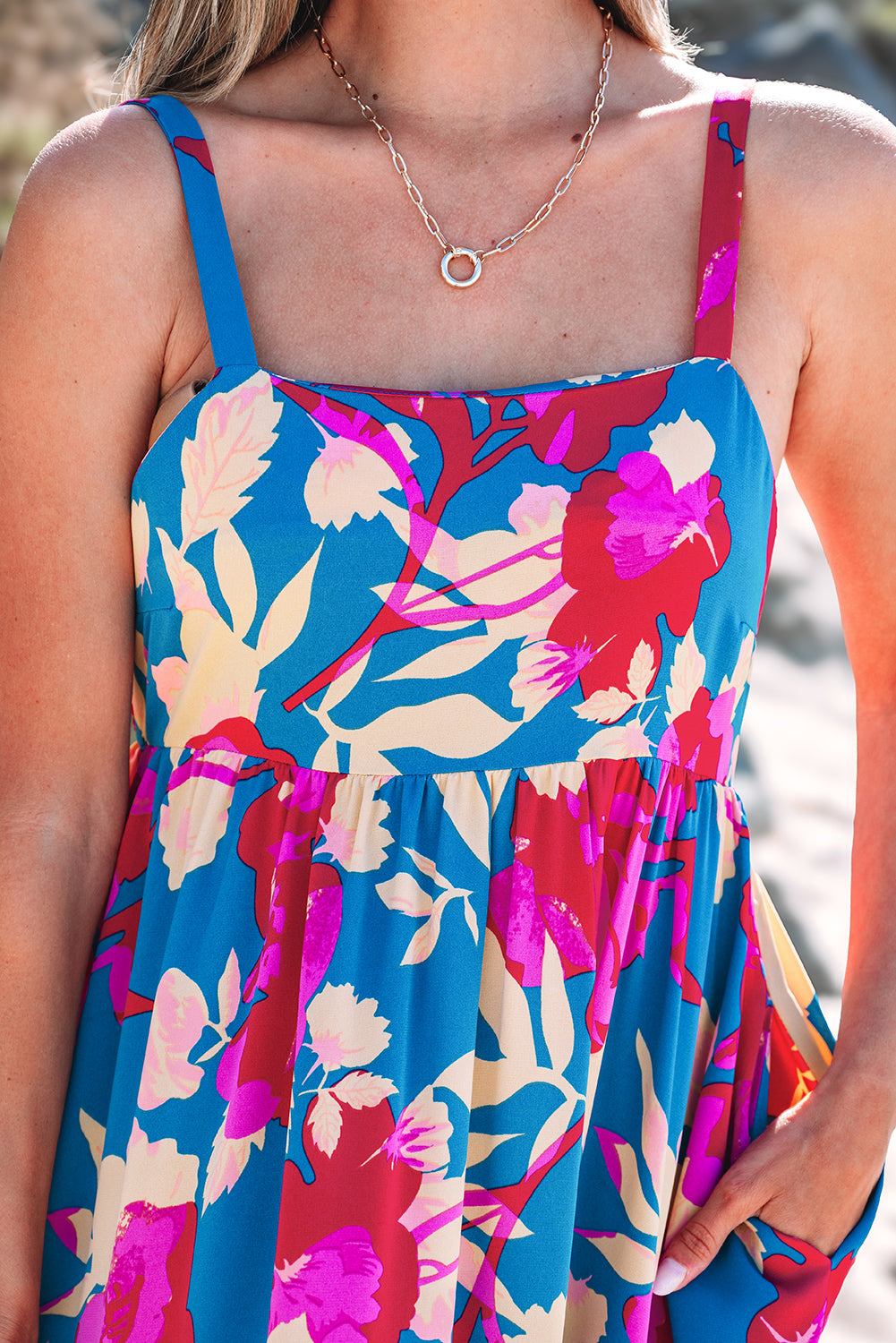 Dark Blue Floral High Waist Sleeveless Flared Long Dress-TOPS / DRESSES-[Adult]-[Female]-2022 Online Blue Zone Planet
