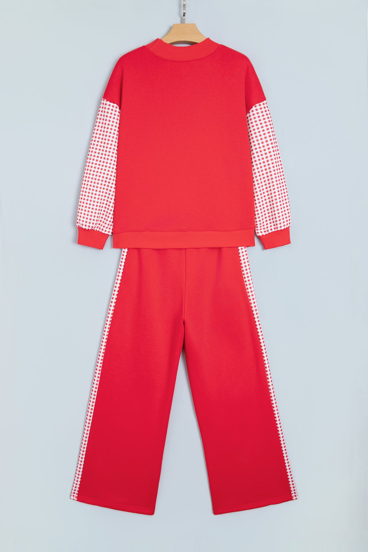 Fiery Red Plaid Contrast Long Sleeve Top And Wide Leg Pants Set-Two Piece Sets/Pant Sets-[Adult]-[Female]-2022 Online Blue Zone Planet