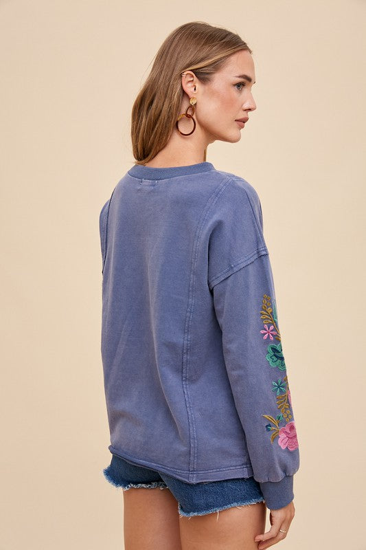 Annie Wear Embroidered Long Sleeve French Terry Top-TOPS / DRESSES-[Adult]-[Female]-2022 Online Blue Zone Planet
