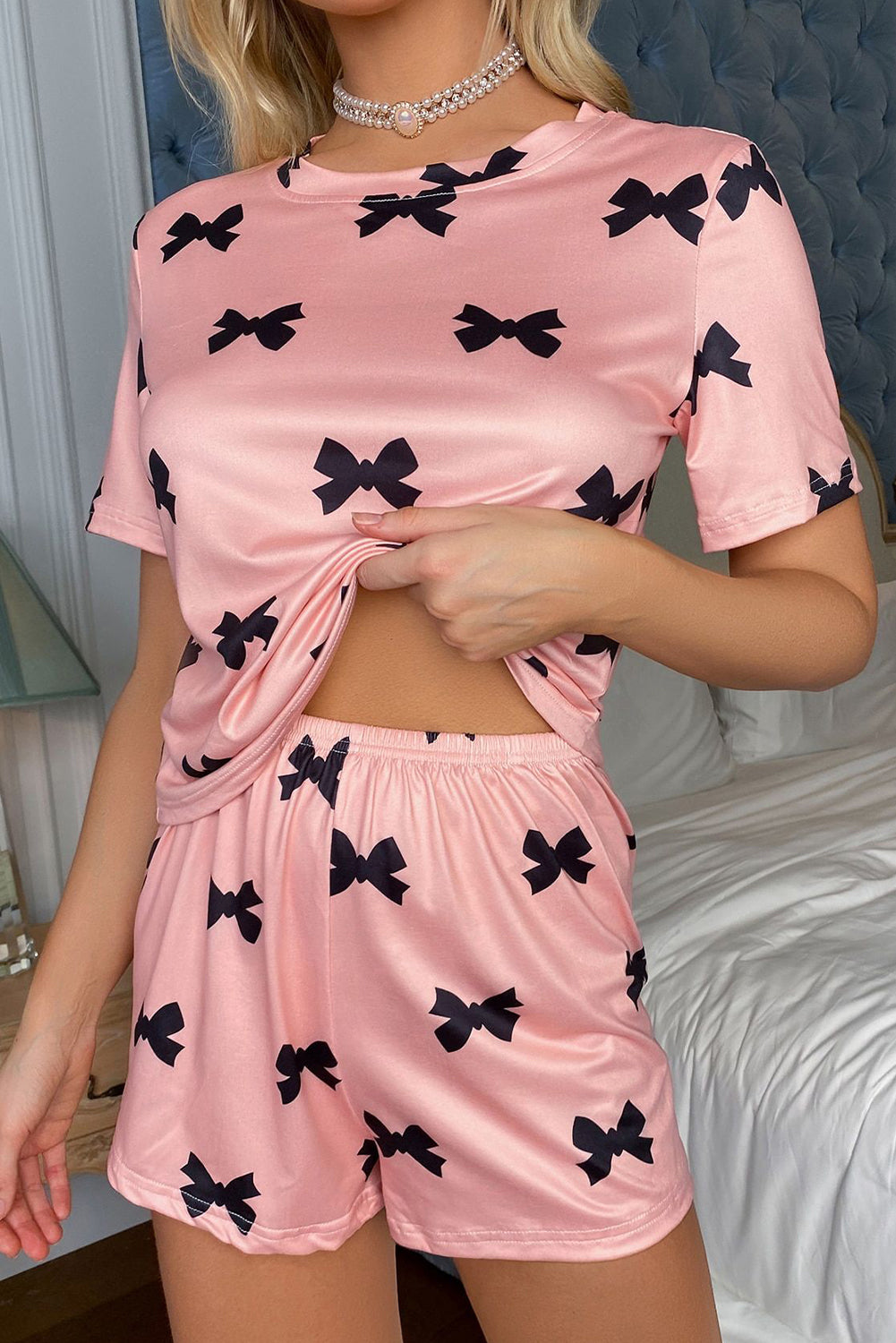 Pink Bow Printed Short 2pcs Lounge Set-Loungewear & Sleepwear/Loungewear-[Adult]-[Female]-Pink-S-2022 Online Blue Zone Planet