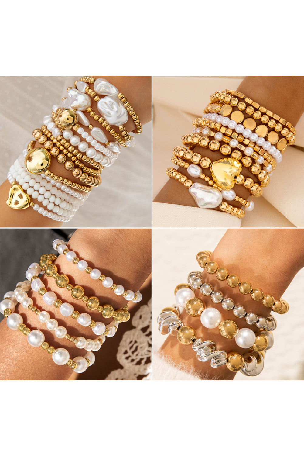 Gold Minimalist Style Heart & Pearl Beaded Bracelet Set-Bracelet-[Adult]-[Female]-2022 Online Blue Zone Planet