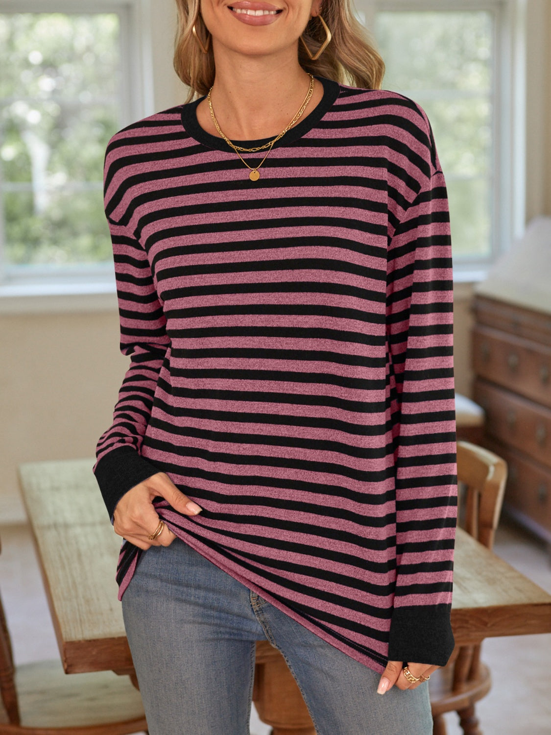 Blue Zone Planet | Lovelet Striped Round Neck Long Sleeve T-Shirt-TOPS / DRESSES-[Adult]-[Female]-2022 Online Blue Zone Planet