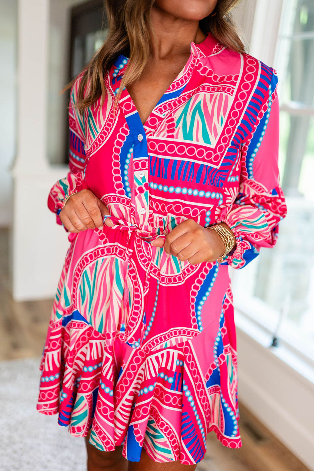 Rose Boho Abstract Printed Puff Sleeve Drawstring Waist Ruffled Mini Dress-Dresses/Mini Dresses-[Adult]-[Female]-2022 Online Blue Zone Planet