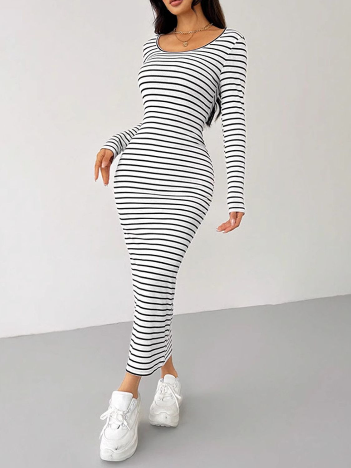 Blue Zone Planet | Striped Scoop Neck Long Sleeve Midi Tee Dress-TOPS / DRESSES-[Adult]-[Female]-2022 Online Blue Zone Planet