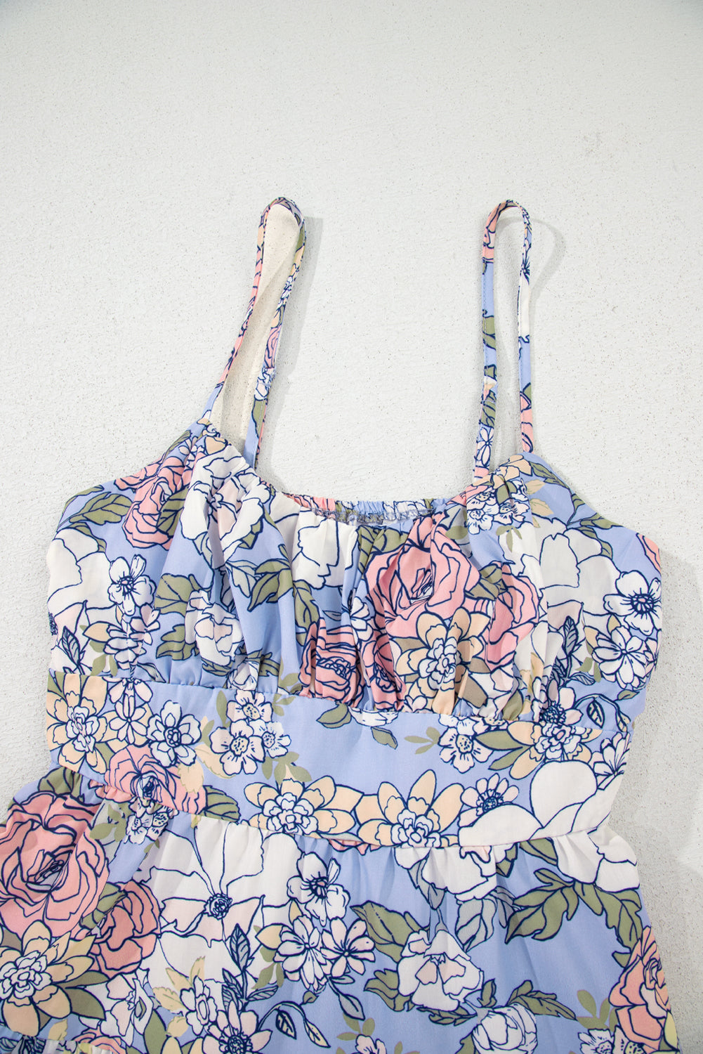 Sky Blue Floral Tiered Patchwork Spaghetti Strap Vacation Dress-TOPS / DRESSES-[Adult]-[Female]-2022 Online Blue Zone Planet