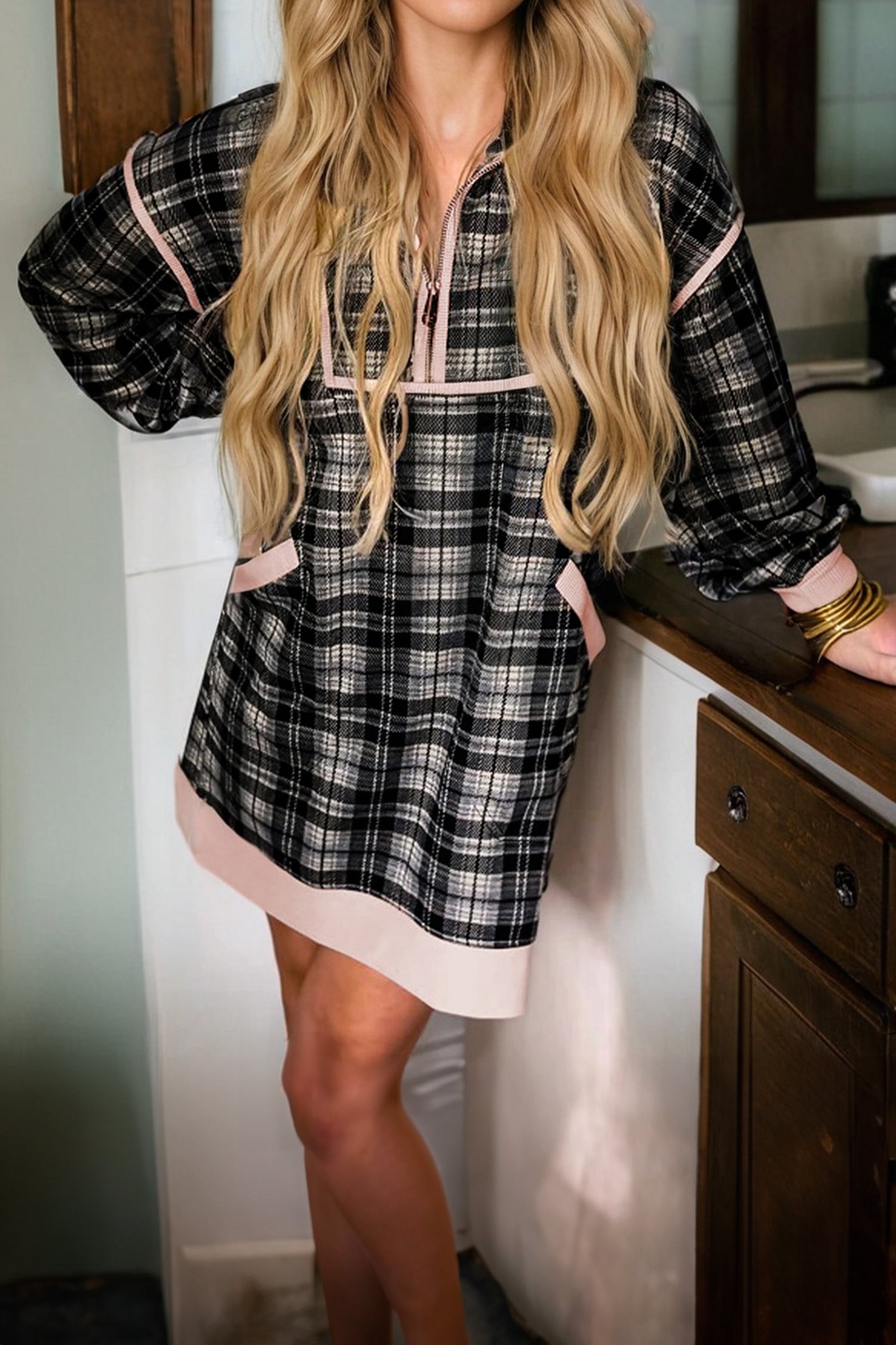 Black Plaid Polo Collar Zip up Contrast Trim Shift Long Sleeve Mini Dress-TOPS / DRESSES-[Adult]-[Female]-2022 Online Blue Zone Planet
