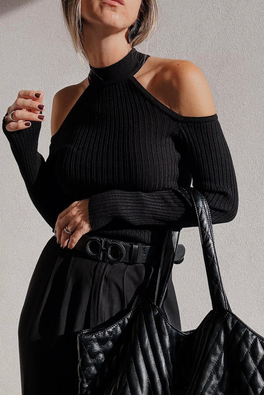 Black Ribbed Knit Cold Shoulder Choker Neck Sweater-TOPS / DRESSES-[Adult]-[Female]-Black-S-2022 Online Blue Zone Planet