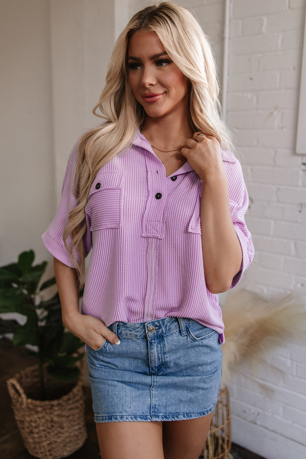 Orchid Bouquet Corded Flap Pocket Collared Buttoned Short Sleeve Blouse-Tops/Blouses & Shirts-[Adult]-[Female]-2022 Online Blue Zone Planet