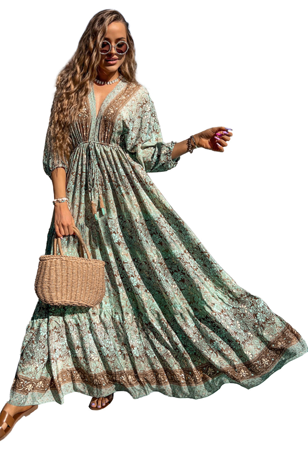 Green Boho Floral Print Backless Drawstring High Waist Maxi Dress-Maxi Dresses-[Adult]-[Female]-2022 Online Blue Zone Planet