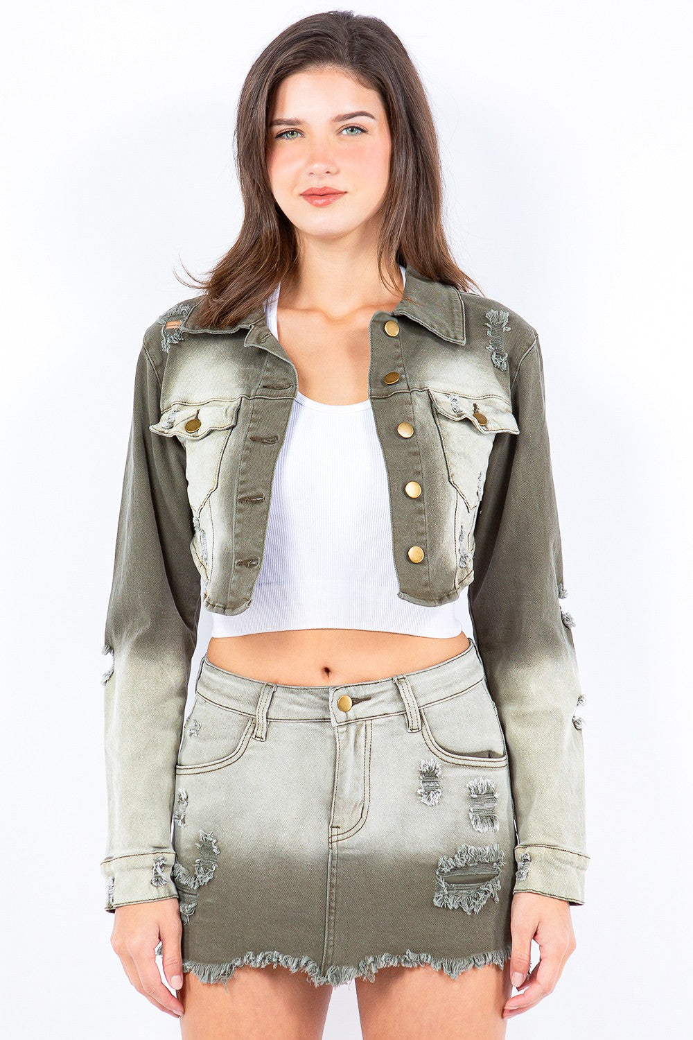 American Bazi Distressed Ombre Washed Cropped Denim Jacket-TOPS / DRESSES-[Adult]-[Female]-Olive-S-2022 Online Blue Zone Planet