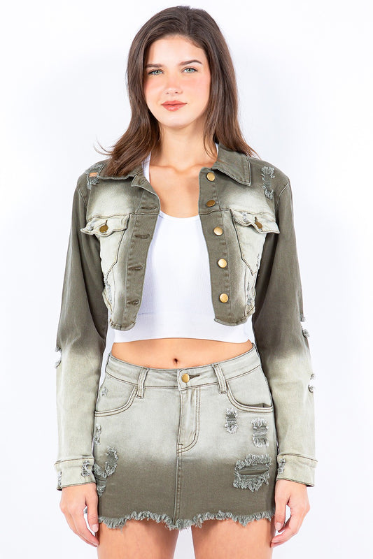 American Bazi Distressed Ombre Washed Cropped Denim Jacket-TOPS / DRESSES-[Adult]-[Female]-Olive-S-2022 Online Blue Zone Planet