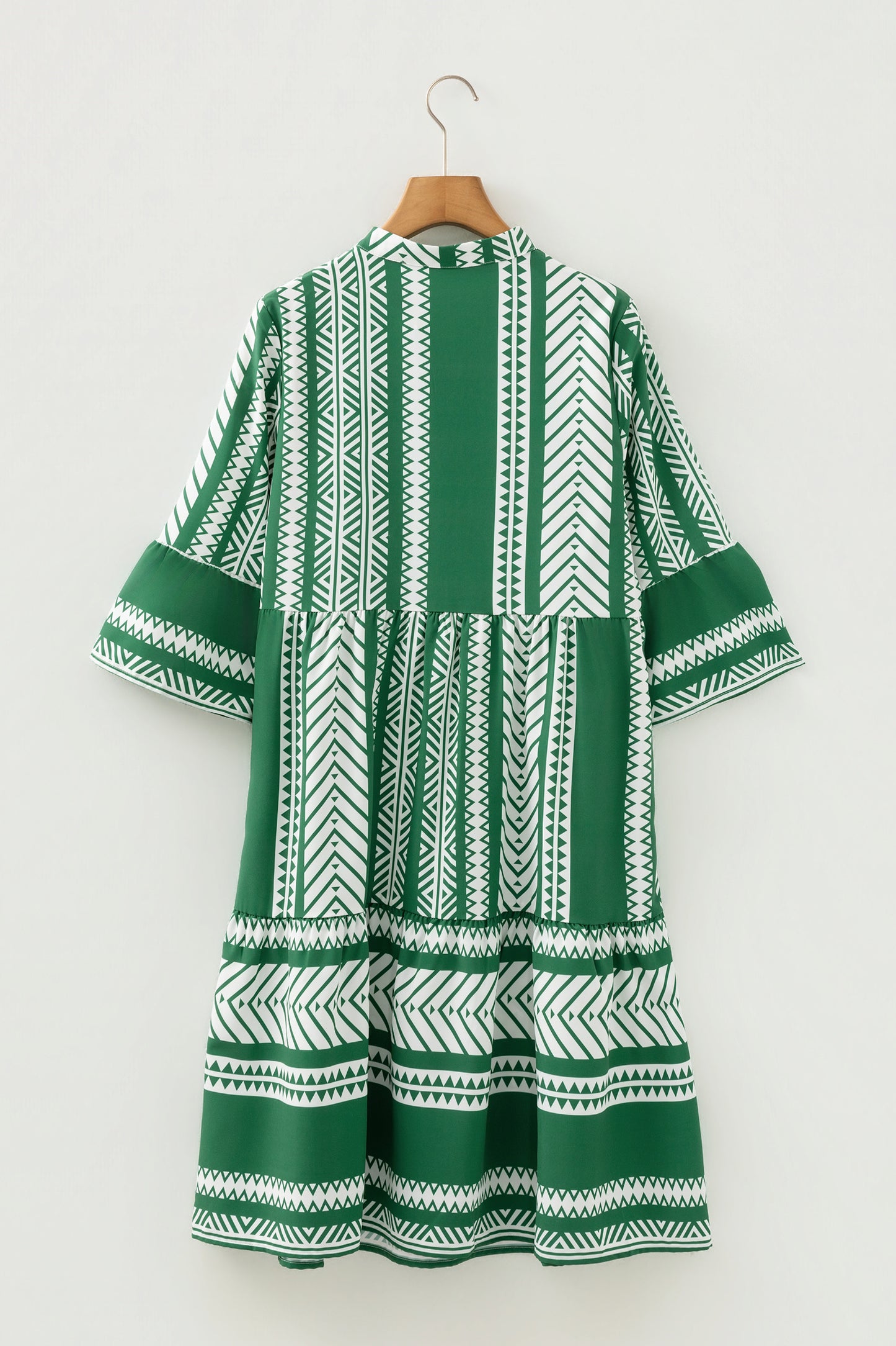 Green Boho Ethnic Print Half Button 3/4 Sleeve Casual Dress-TOPS / DRESSES-[Adult]-[Female]-2022 Online Blue Zone Planet