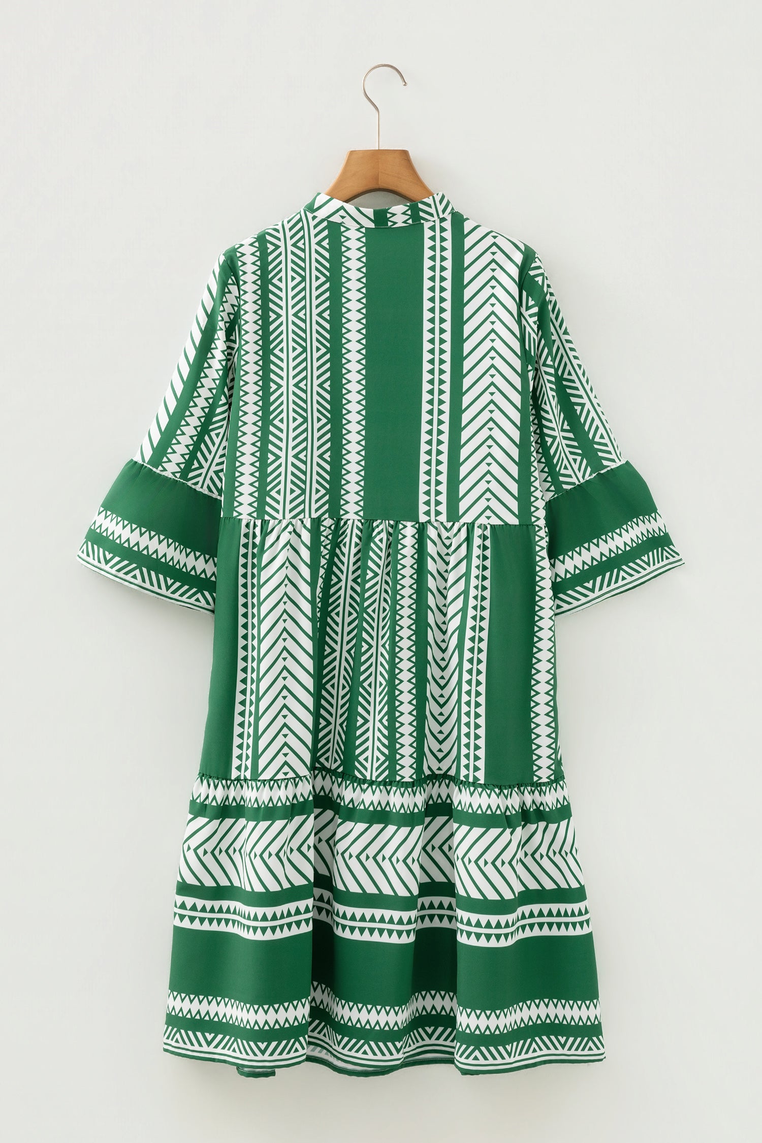 Green Boho Ethnic Print Half Button 3/4 Sleeve Casual Dress-TOPS / DRESSES-[Adult]-[Female]-2022 Online Blue Zone Planet
