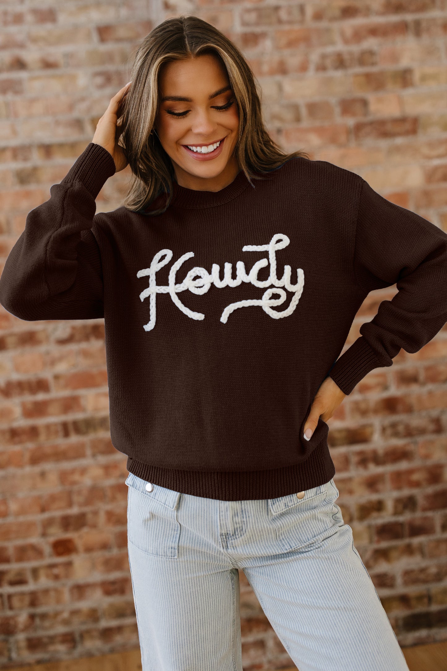 Chicory Coffee Howdy Embroidered Graphic Western Sweater-TOPS / DRESSES-[Adult]-[Female]-Chicory Coffee-S-2022 Online Blue Zone Planet