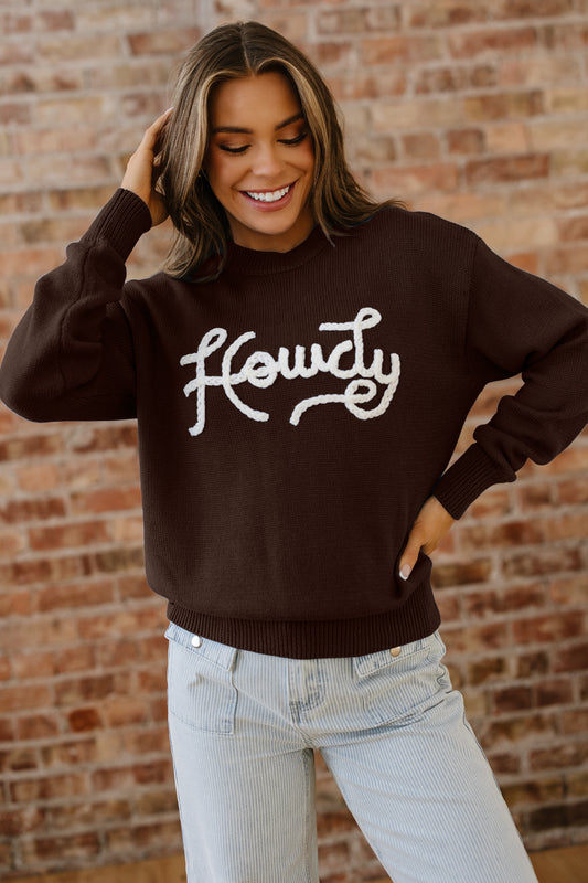Chicory Coffee Howdy Embroidered Graphic Western Sweater-TOPS / DRESSES-[Adult]-[Female]-Chicory Coffee-S-2022 Online Blue Zone Planet