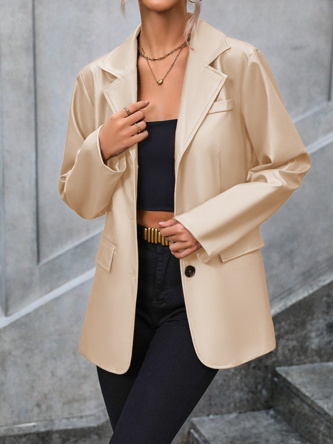 Blue Zone Planet | Ivy Lane Pocketed Button Up Collared Neck Blazer-TOPS / DRESSES-[Adult]-[Female]-Tan-S-2022 Online Blue Zone Planet