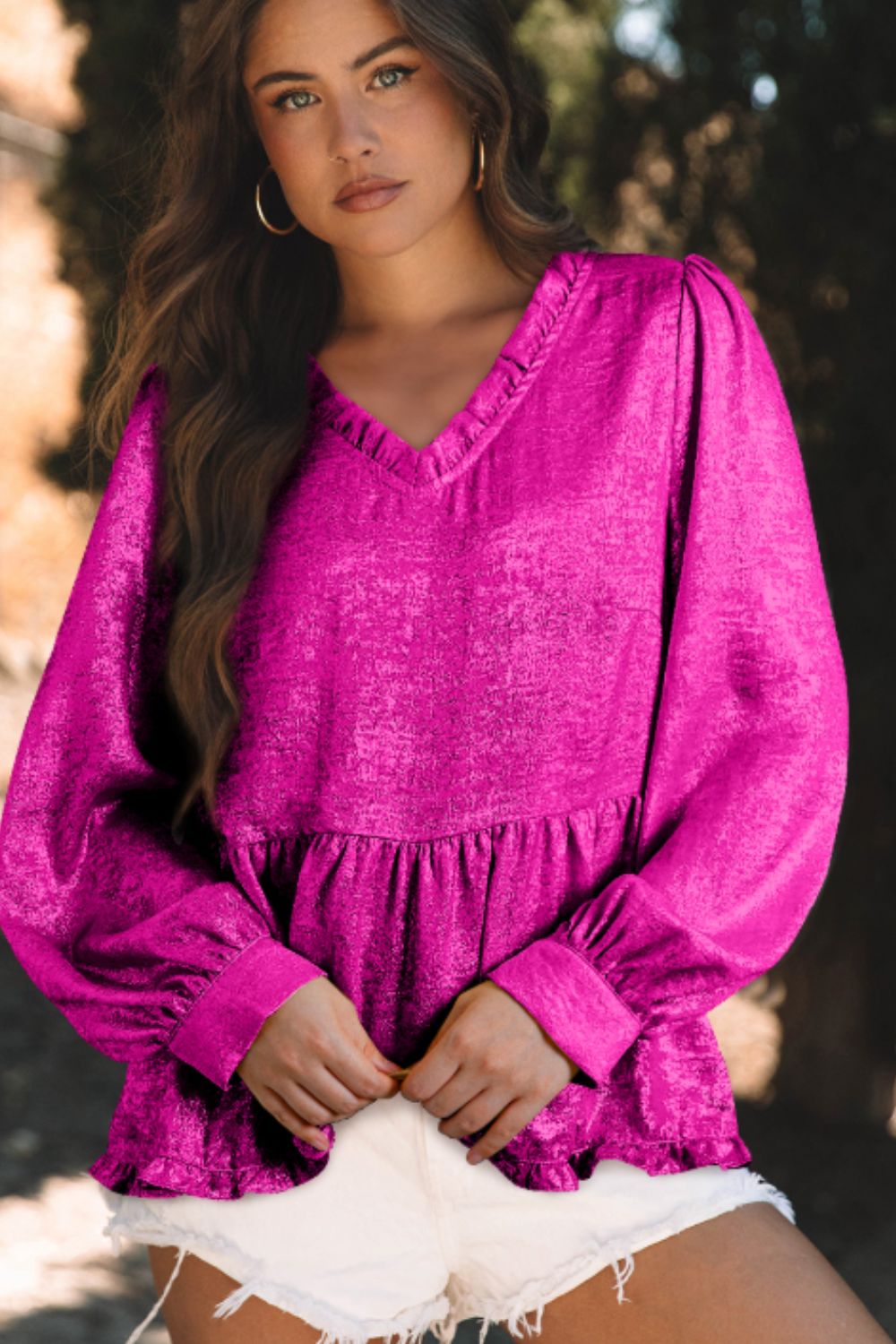 Frill V-Neck Long Sleeve Blouse-TOPS / DRESSES-[Adult]-[Female]-2022 Online Blue Zone Planet