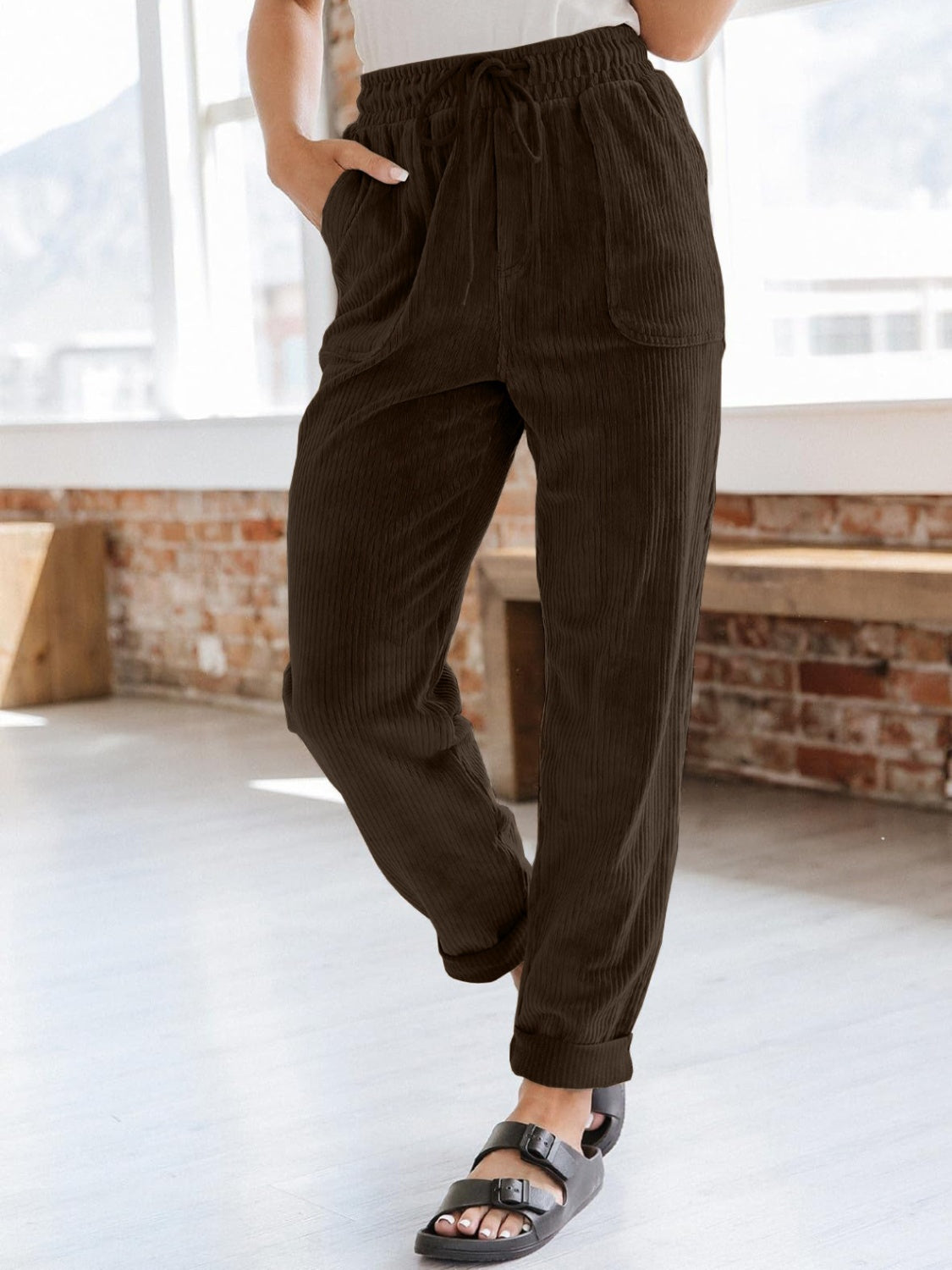 Drawstring Pants with Pockets-BOTTOMS SIZES SMALL MEDIUM LARGE-[Adult]-[Female]-Chocolate-S-2022 Online Blue Zone Planet