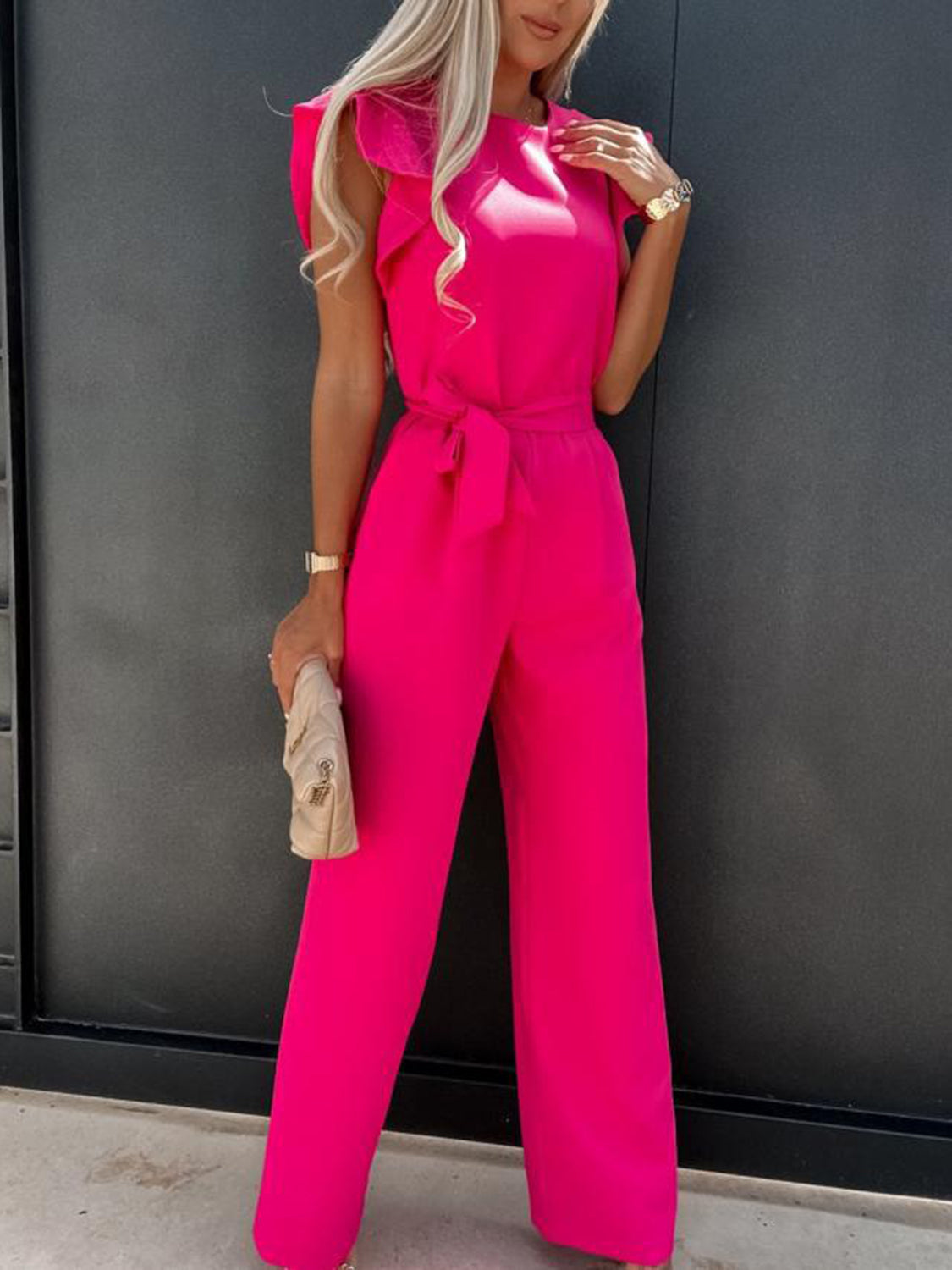 Ruffled Round Neck Cap Sleeve Jumpsuit-TOPS / DRESSES-[Adult]-[Female]-Hot Pink-S-2022 Online Blue Zone Planet