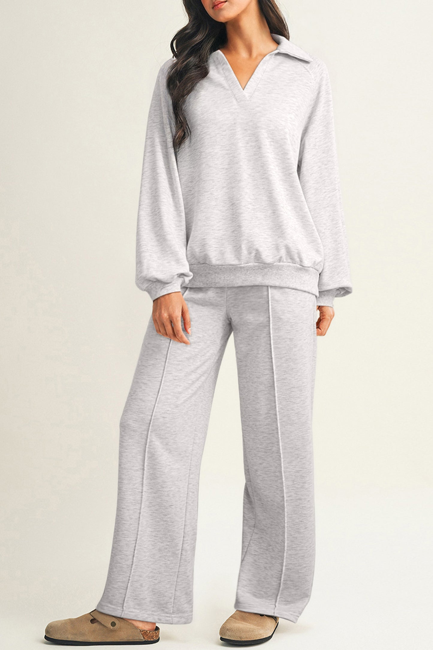 Dark Khaki Polo Collar V Neck Pullover and Drawstring Sweatpants Set-Two Piece Sets/Pant Sets-[Adult]-[Female]-2022 Online Blue Zone Planet