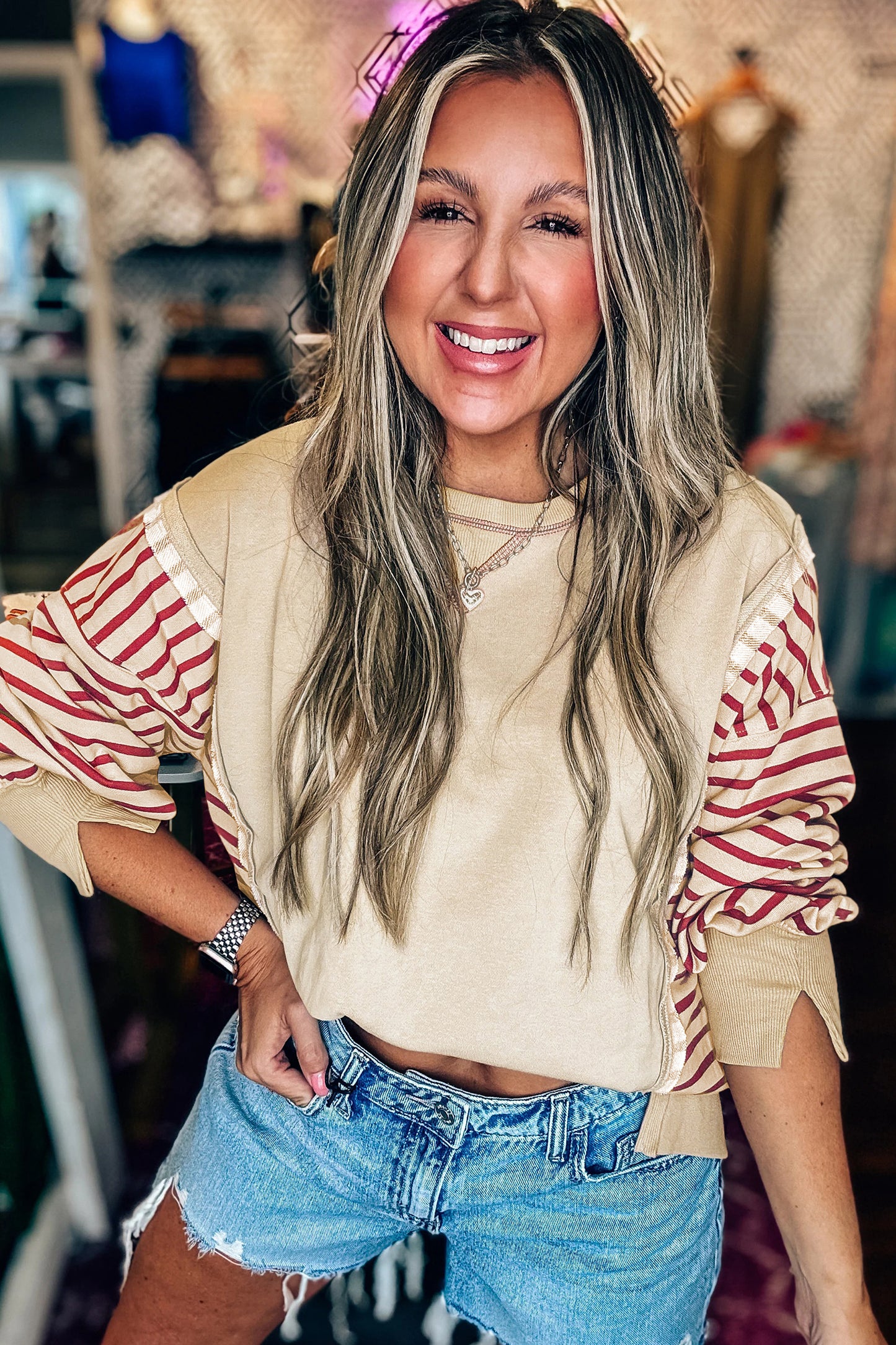 Red Stripe Sleeve Patchwork Casual Knit Top-Tops/Long Sleeve Tops-[Adult]-[Female]-2022 Online Blue Zone Planet