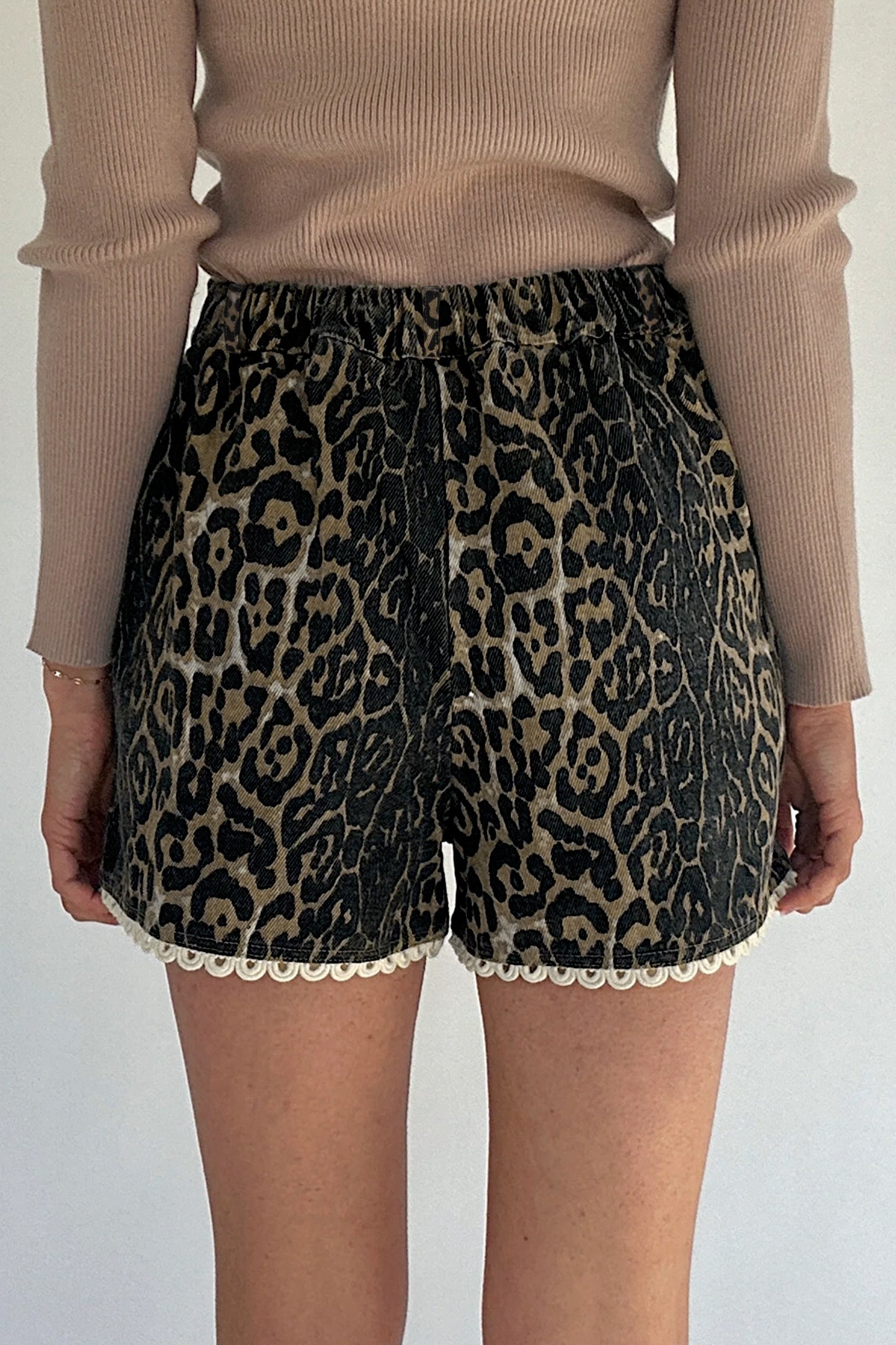 Khaki Contrast Scalloped Lace Trim Leopard Denim Shorts-Bottoms/Denim Shorts-[Adult]-[Female]-2022 Online Blue Zone Planet