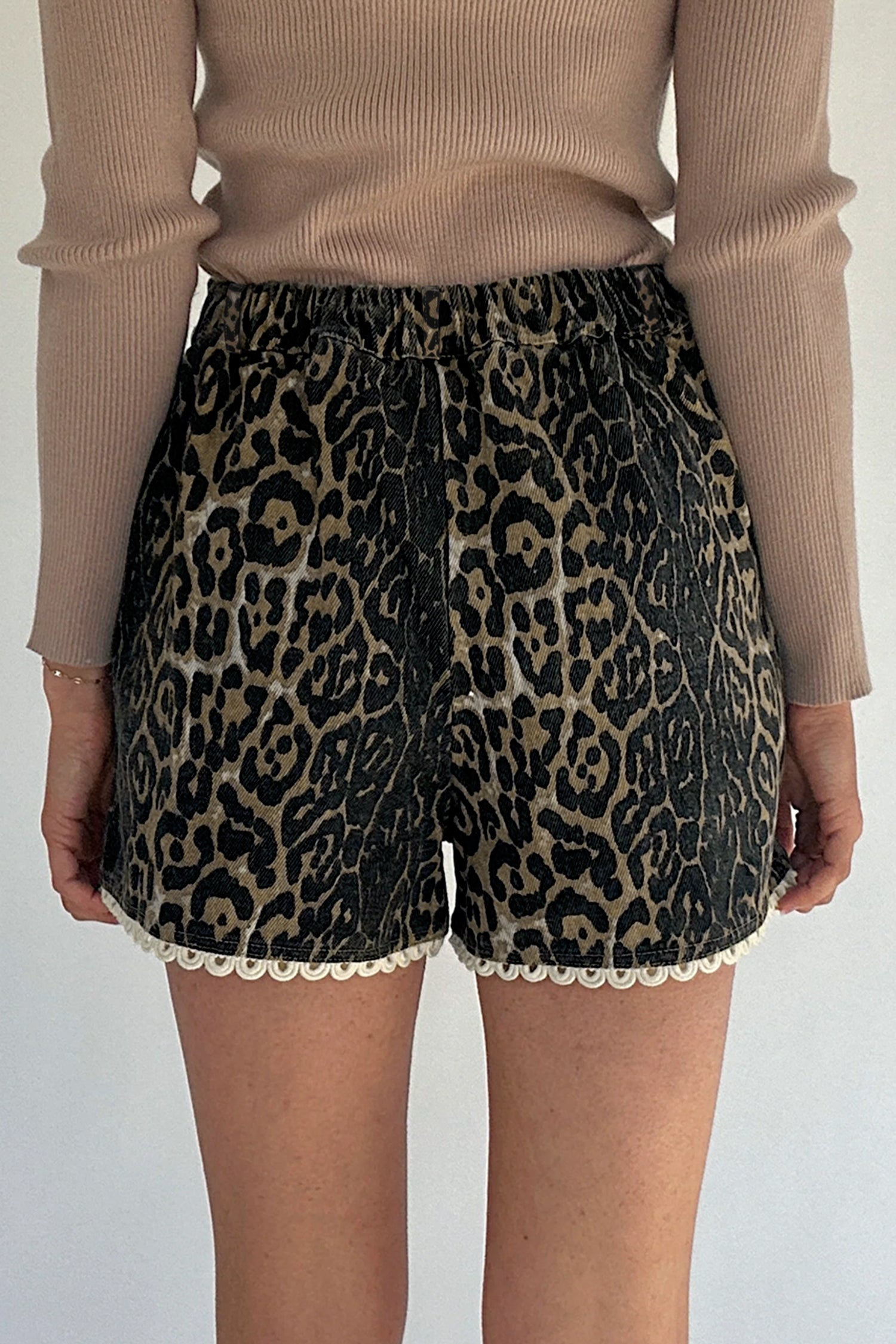 Khaki Contrast Scalloped Lace Trim Leopard Denim Shorts-Bottoms/Denim Shorts-[Adult]-[Female]-2022 Online Blue Zone Planet
