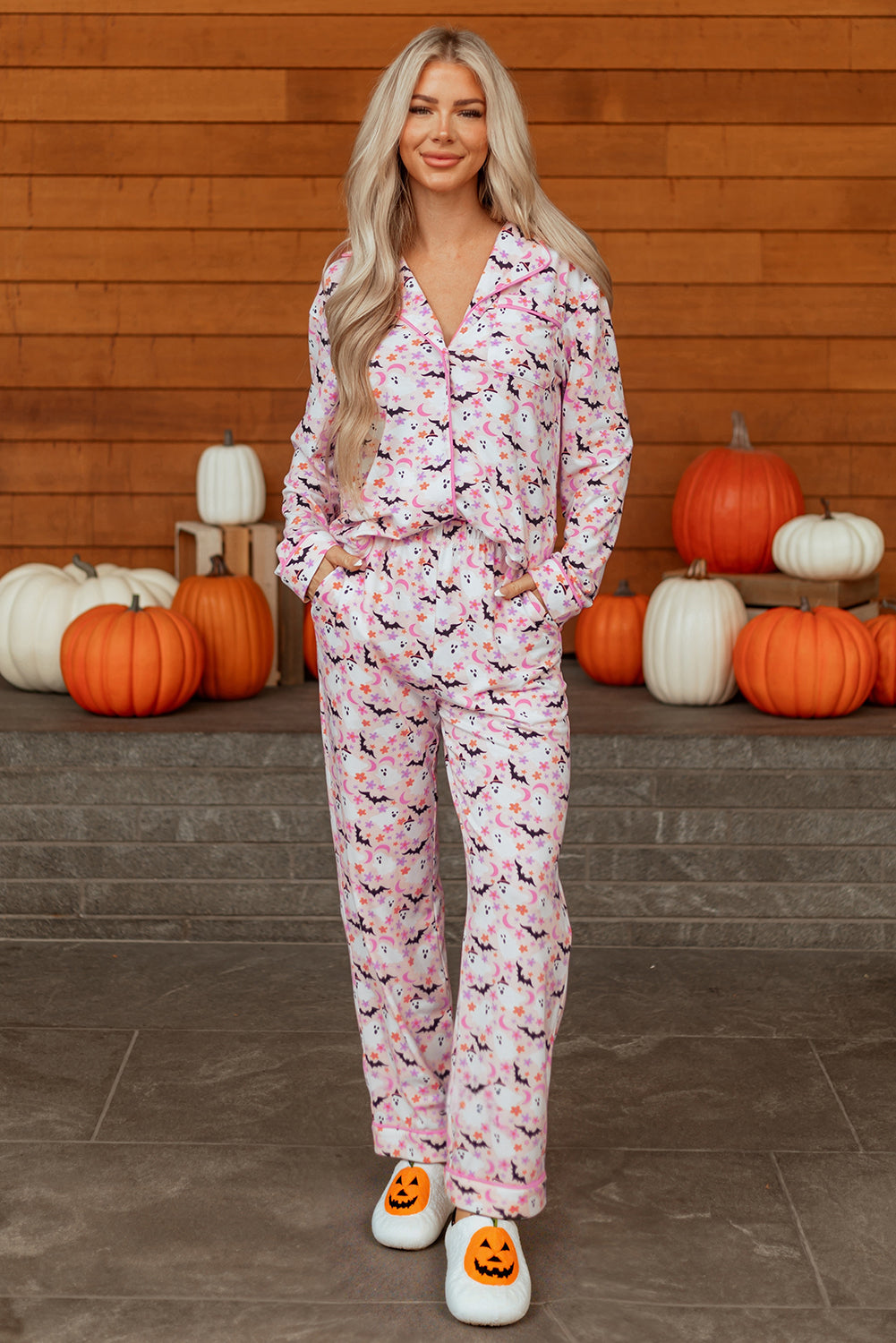 Pink Halloween Eve Haunted Honey Bat Print Pajama Set-Loungewear & Sleepwear/Sleepwear-[Adult]-[Female]-Pink-S-2022 Online Blue Zone Planet