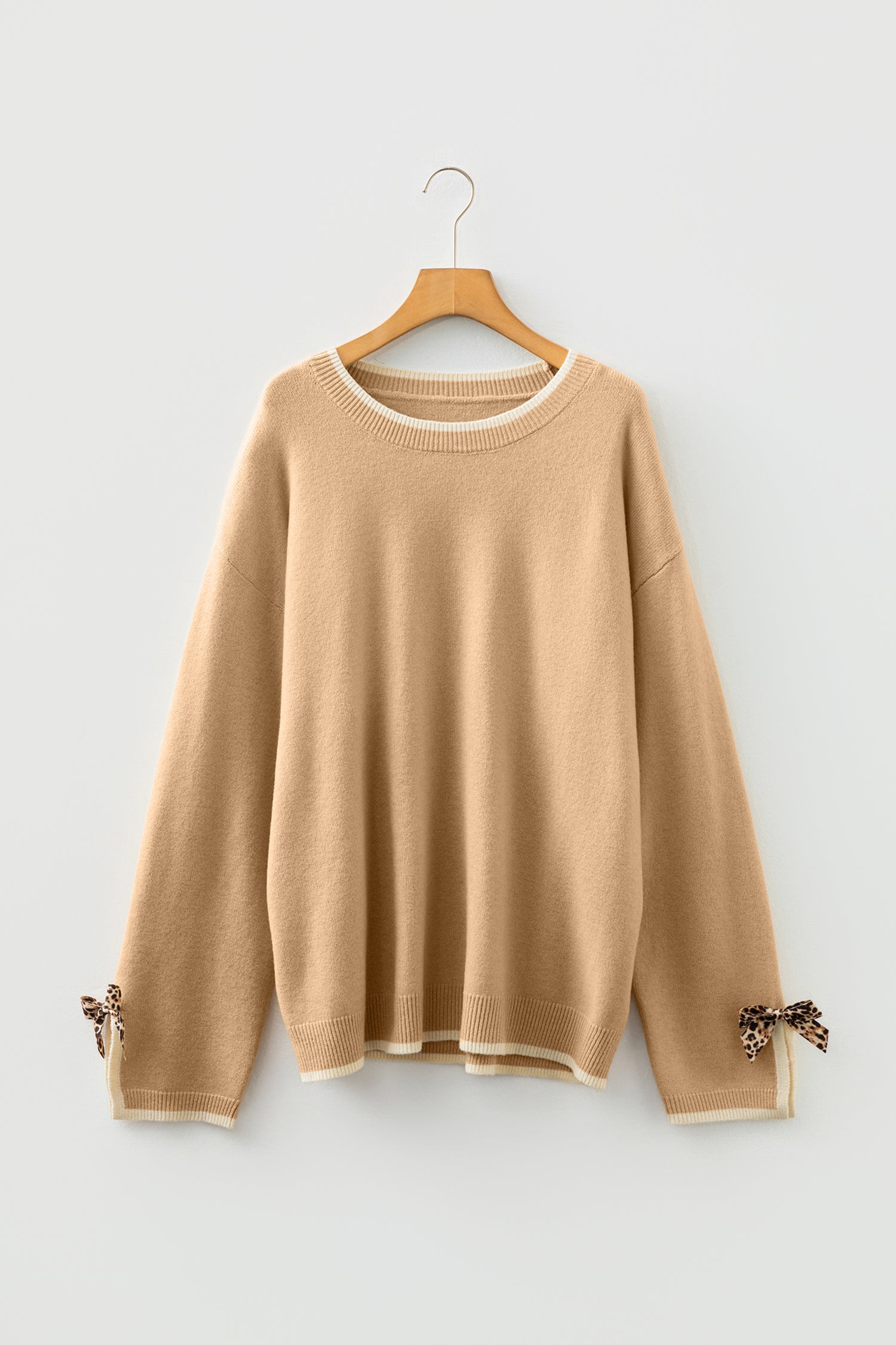 Tan Plus Size Leopard Bow Decor Split Cuffs Loose Sweater-Plus Size/Plus Size Sweaters & Cardigans-[Adult]-[Female]-2022 Online Blue Zone Planet
